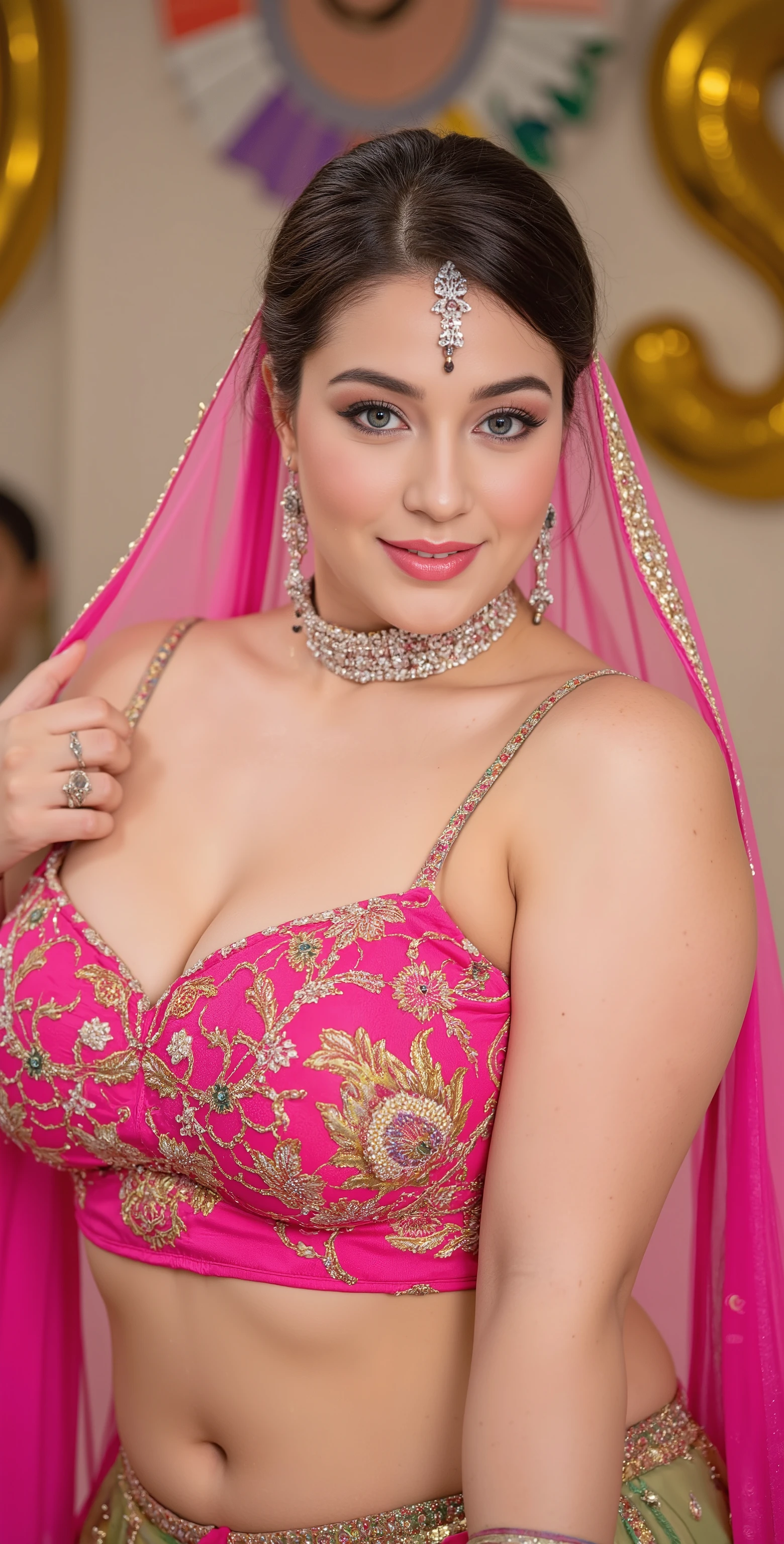40y old curvy woman, studio photoshoot, festive settings, strong thick body, voluptuous figure, strong thick arms, broad shoulders, strong shoulders, toned shoulders, vibrant coloured organza designer lehenga, choli with pink embroidered work, transparent dupatta on shoulder, thin spaghetti shoulder straps, ample bust, deep neck, full breasts, visible curvy figure visible, Bold make up, blue eyes, full wide lips, heavy make up. Bun hair, neat hairs, Beaming eyes, bold look, Highlighted hairs, body curves visible, low waist, naval, low angle, front view, close up portrait, half portrait , blurred background, bokeh background , close up shot, vibrant colours, confident pose, necklace, earrings, bangles, accessories.