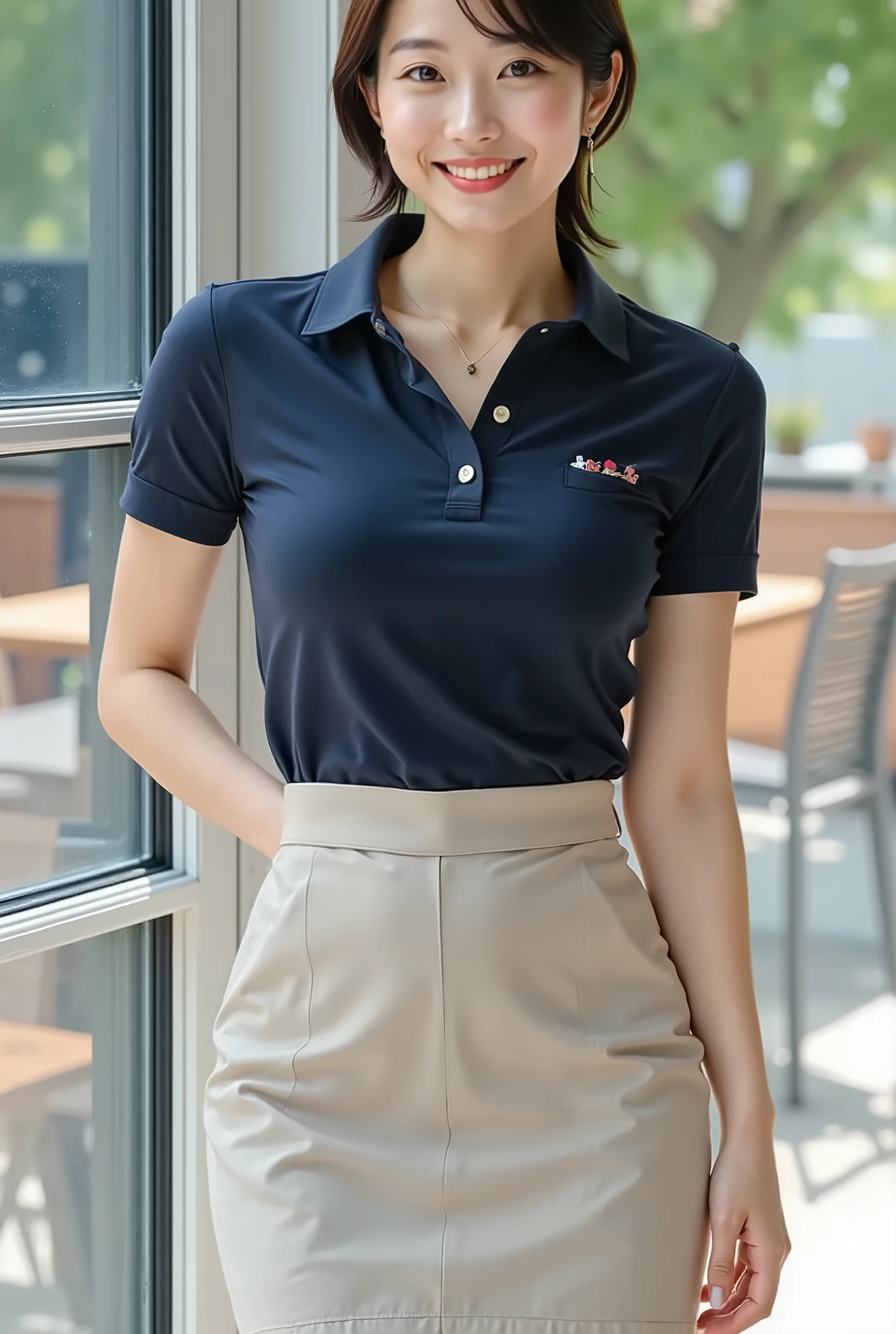 (A beautiful mature Japanese woman, 35 years old),
(A well-defined oval face, glossy lips),
(Short, straight black hair in a ponytail),
(Slender figure, small waist, beautiful bust silhouette),
(Dark blue short-sleeved polo shirt, slim beige chino skirt),
(Looking at the camera with a gentle, angelic smile)
(Standing against a fence in a bright open-air cafe)