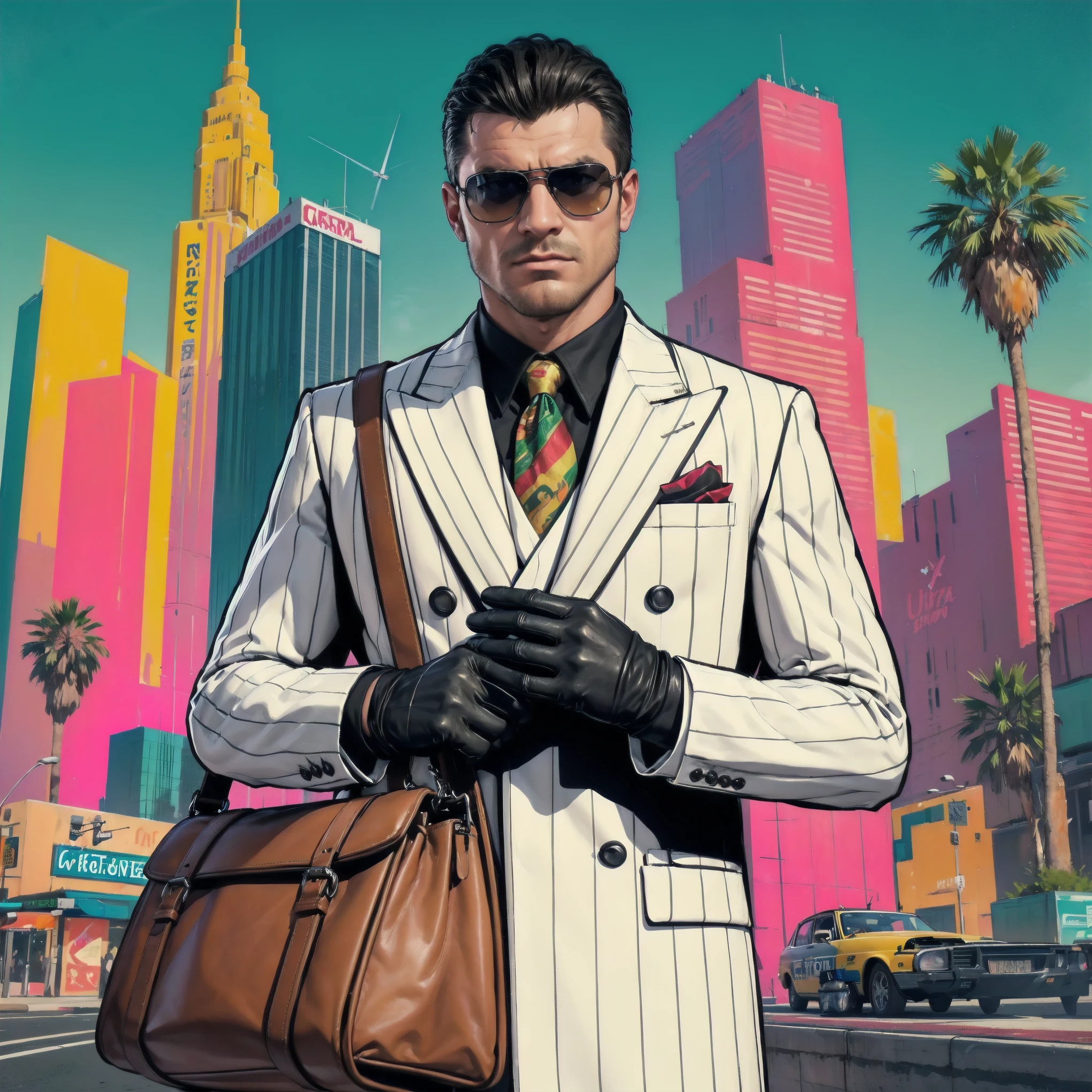 Hd quality, 8k, ultra realistic skin, big muscle, A modern mafia-style man in a white suit with black gloves and sunglasses, holding a large leather bag, standing in a colorful urban background in GTA art style.