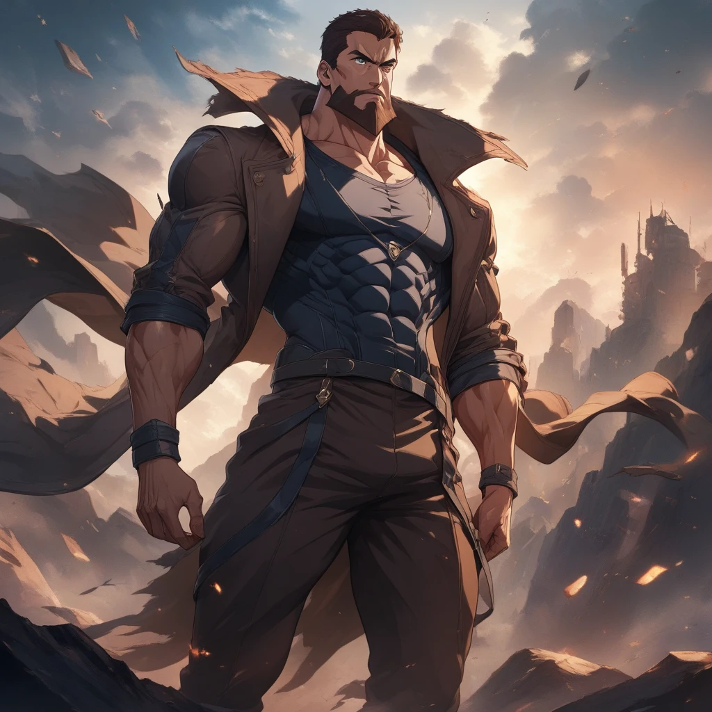 1male, adult, tan skin, finely detailed rose eyes, wolverine hair cut, casual clothing, baggy army combat pants, compression shirt, arm band, standing on ruined building, night time, serious expression, muscular, bulky, full beard