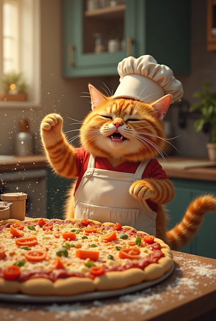 (full body), ((orange cat male)), cook, in chef's clothes, prepares pizza, eating slice of pizza, melted cheese dropping from pizza, cartoon 1970, sharp frame, (background action-packed), lit