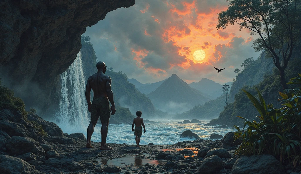 A handsome 22 year-old man wearing a mask having sports build standing with wolf looking back. he is in a cave with a big waterfall as an entrance to the parallel universe. There are two girls standing and small elf and dragons flying in sky in background. 