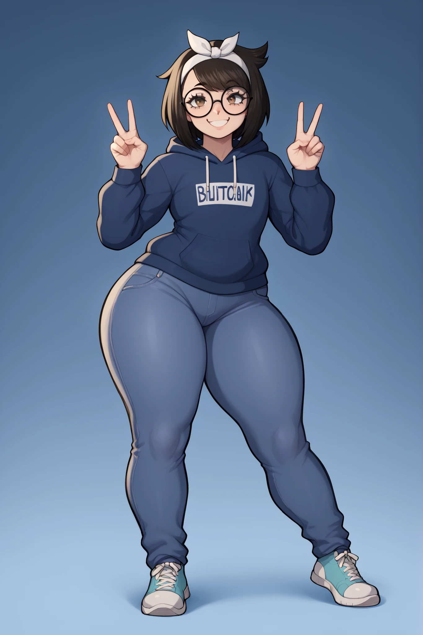 masterpiece, best quality, highres, ultra detailed, full body, solo, anime style, soft lighting, highly detailed skin, highly detailed eyes, smooth shading, pastel tones, 1girl, transgirl, tight hoodie, tight denim pants, tall, fit, thick thighs, curvy body, small breasts almost flat chest, big brown eyes, playful expression, cute smile, teasing, love sign with hands, cheeky pose, short multicolored black hair with glowing neon blue, white headband, thick black square glasses, standing pose, clean background, soft ambient glow, nsfw, suggestive, cute and lewd aesthetic, front view, day light