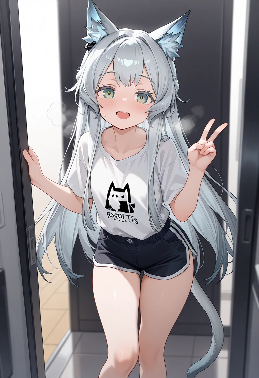 (1 girl:1.2),  ((velues, anthropo, wolf girl, wolf's ears, wolf tail)), standing alone, ssmile, looking ahead at viewer, arms behind the head, long hair, White hair, blue colored eyes, (Virgem_destroyer_sweater:1.5), sideboob, below the chest, White-panties, white thigh highs, Inside the house, corridor , realisitic, photoshot