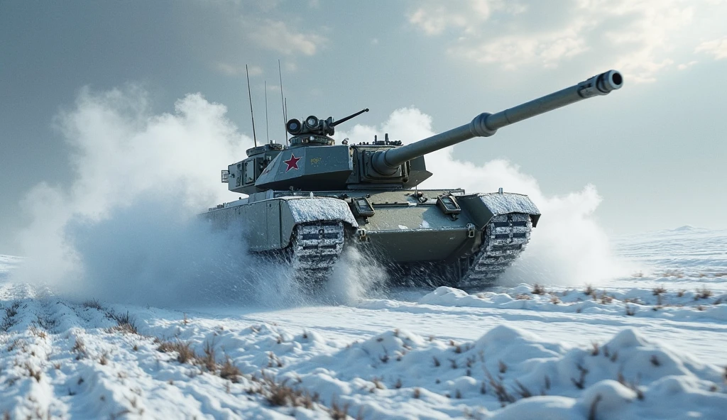 (medium full shot) of (formidable medium black tank) with reactive armor, diesel, advanced targeting system, side skirts, set in a snow-capped mountain, with icy winds and treacherous conditions, the tank enduring the elements, ,Masterpiece,best quality, raw photo, realistic, very aesthetic