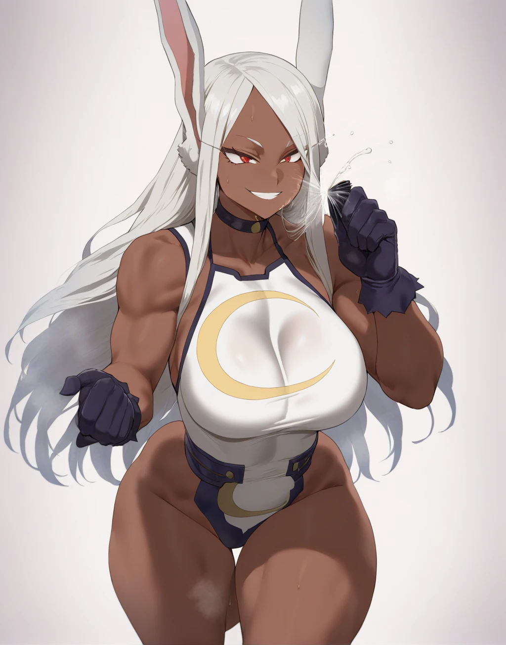 (( Mirko, red eyes, eyelashes, white hair, long hair, bunny ears, dark skin, muscular female, Ballgag )), recuadros de texto, frown, nude, Nwsf, nude , nude, gagged, bondage shibari, manos y brazos atados, bdsm, Arms tied behind the back, arms behind the back, Arms tied behind the back, muslos atados, patas atadas, Gagged, bound arms, arms behind back, de frente, Ball Gag, bdsm,bondage, gagged, sitting position, Kneeling position, in the room, ball gag color roja, gag de correas, viendo hacia el espectador, looking towards the camera, shrimp position, babear, babeando, saliva en la gag, basement, sonrojada, en celo, Ballgag red, viendo al espectador,