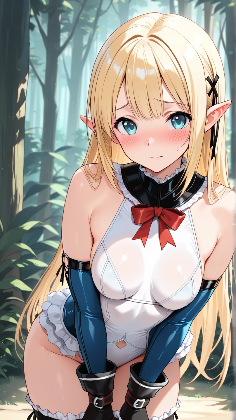 ((masterpiece、Highest quality、Super Fine、High resolution、Genuine、Sharp focus))、Face Light、((And yet delicate and beautiful))、Female Elf、Deedlit、((Blonde Hair))、((Ponytail)),Round face、Sexy figure、Blue and white armor、in the forest、((Black knee-high socks))、Fantasy Characters、((Large Breasts)),Sexy Costumes,((Bright eyes)),Armor that emphasizes cleavage,sit,((Spread your legs wide)),White sexy underwear,Embarrassed,Watery eye,((Pull up your skirt)),nsfw:1.9,spread legs,((naked)),((Torn clothes)),((Sweat)),((Torn Pants)),((Pubic Area Showing)),((Ahegao)),((Cover your genitals with your hands))