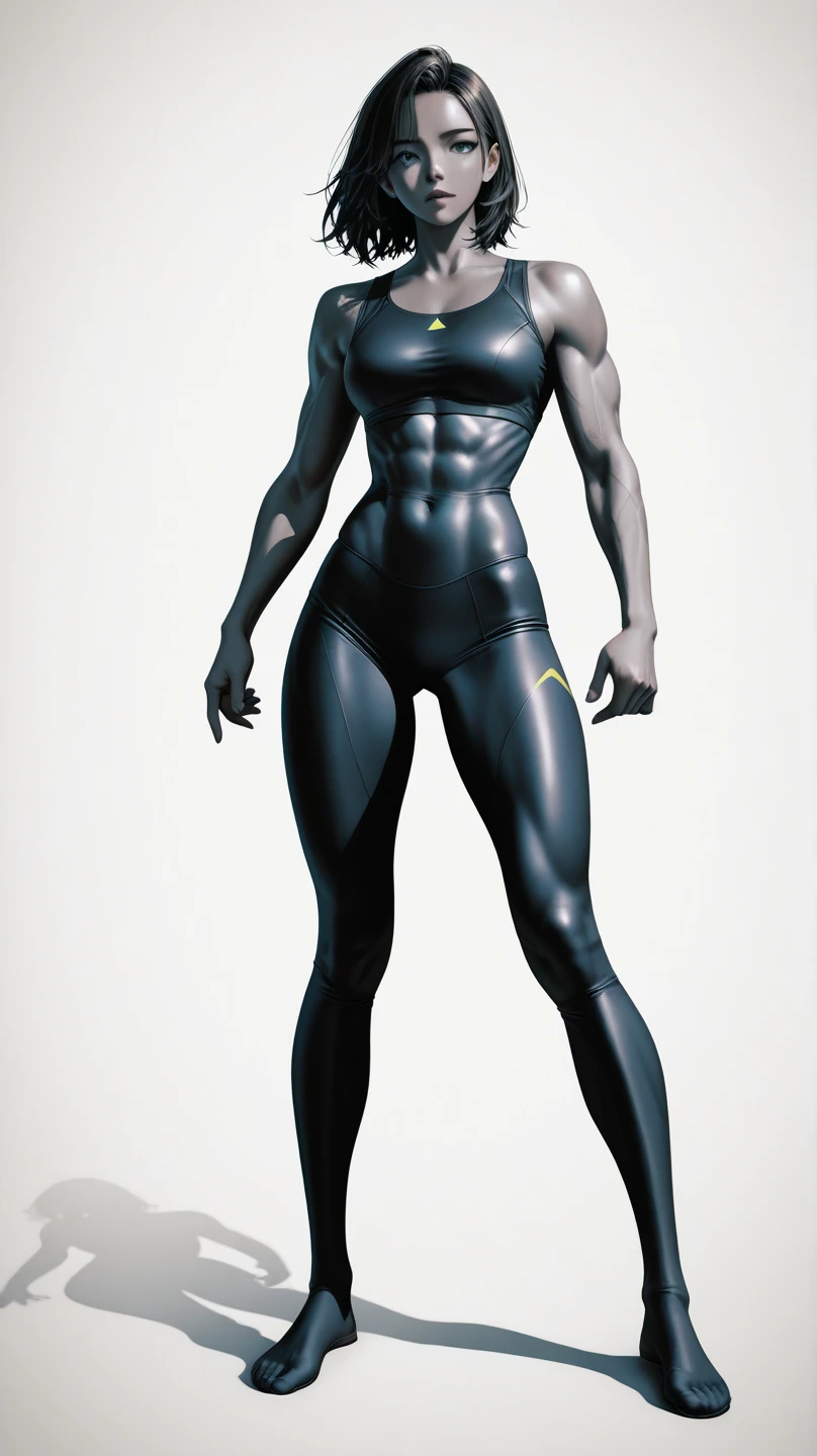 ((1girl)) full body, standing, grey skin, drow, elf, mature, detailed happy face, purple eyes, white hair, black bikini, abs, big knockers, golden chain collar, stomach tattoo (red tattoo)