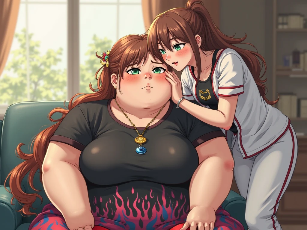 a comic page about a 24 year old fat woman adjusting to life with her 40 year old mother as her second head farting as she eats a huge dinner with only her head in public.