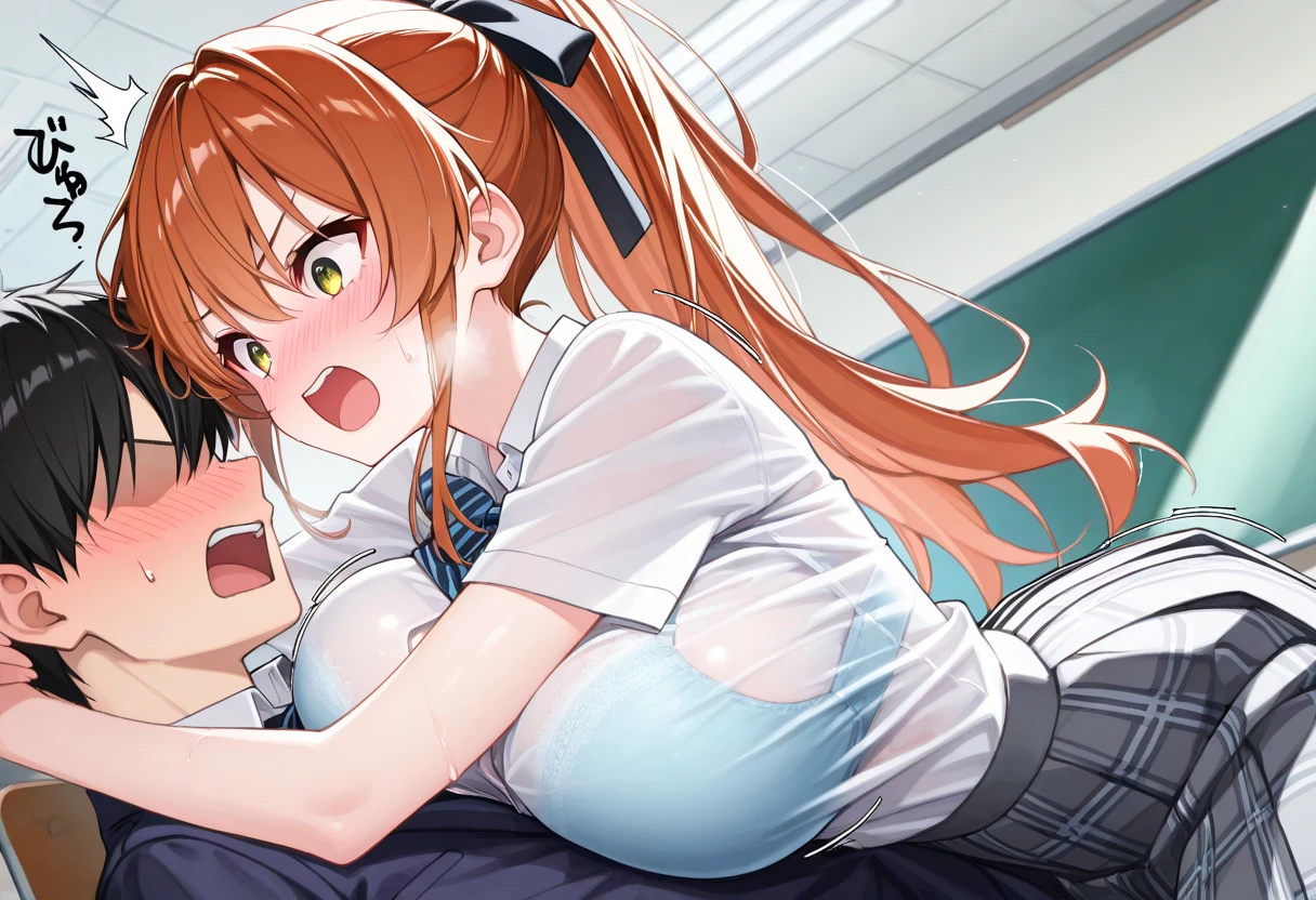 1girl and 1man, duo, indoors, love hotel, background, (view from side), small breasts, nipples, (money), prostitution, long hair, young girl, blush, blond hair, twintails, a man fucks her virgin pussy, vaginal, virgin, (defloration), pain, tears, doggystyle, vaginal,  trickle of blood, on bed, grasping sheets, fat man, detailed thick female pubic hair, (big penis), thrusting, open and unbuttoned school-shirt, skirt, love hotel room, heavy atmosphere, thrusting, (motion lines), (dark room), virgin blood, old fat man, top down ass up, blood on bedsheet, clenched teeth, randoseru, red bagpack,