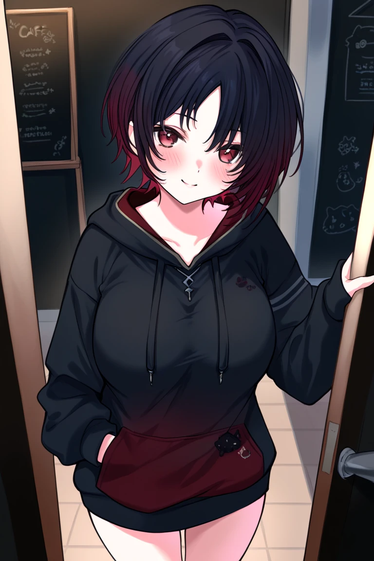 ((1 juvenile))、、((thin-waist))、de pele branca、((huge udder))、((khaki hooded coat、Red and black horizontal striped shirt、short-hair、Black hair with red mesh、hair pin、Red cheeks、sticking out the tongue、a choker、piercings、Chain Necklace、Black Cargo Pants、Tomboy、ahe face))