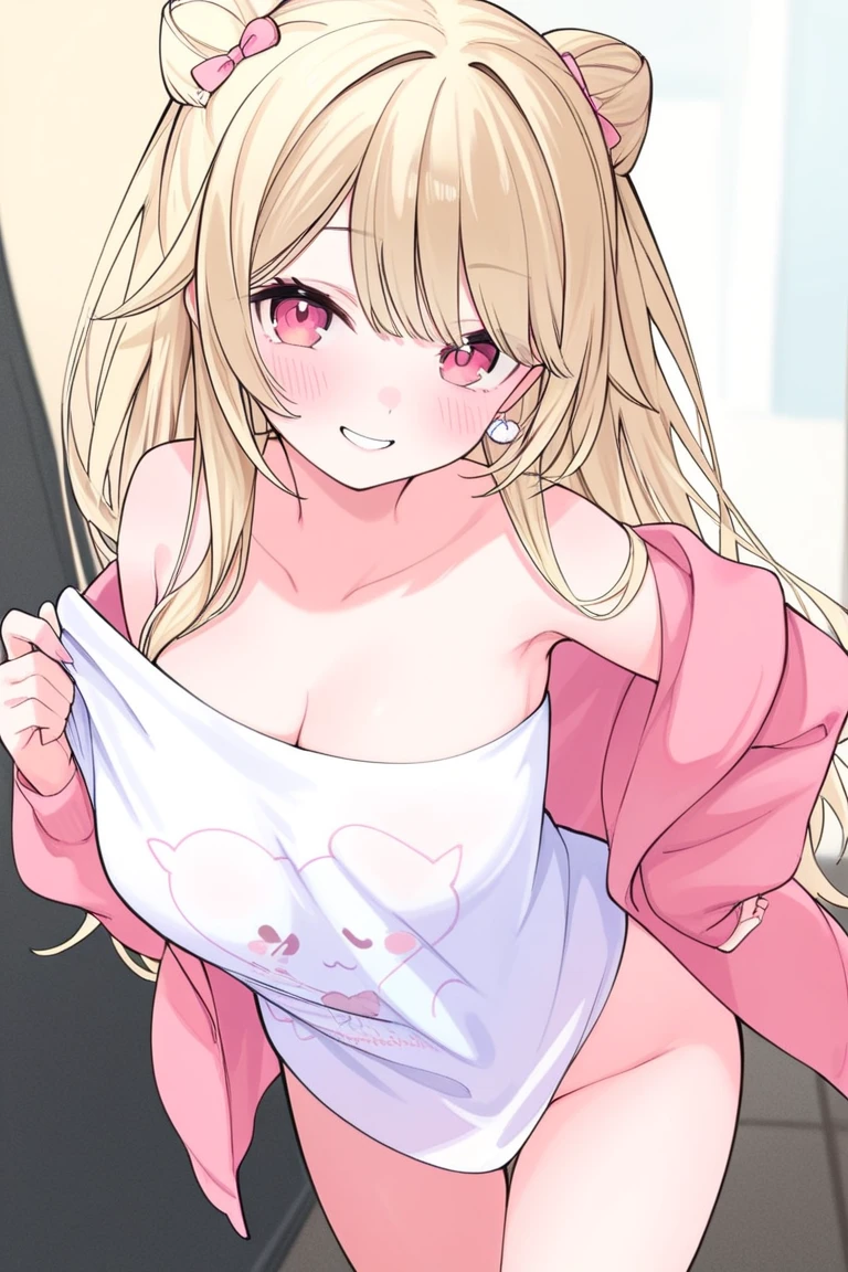 Gradient with pink tips,Blonde,Twin tails up to the shoulders,Red eyes,high school girl,Slightly curled twin tails,nsfw,medium breasts,steam,Side bangs down to the collarbone with curls, With pink gradient tips,1girl, sweater lift,Selfie