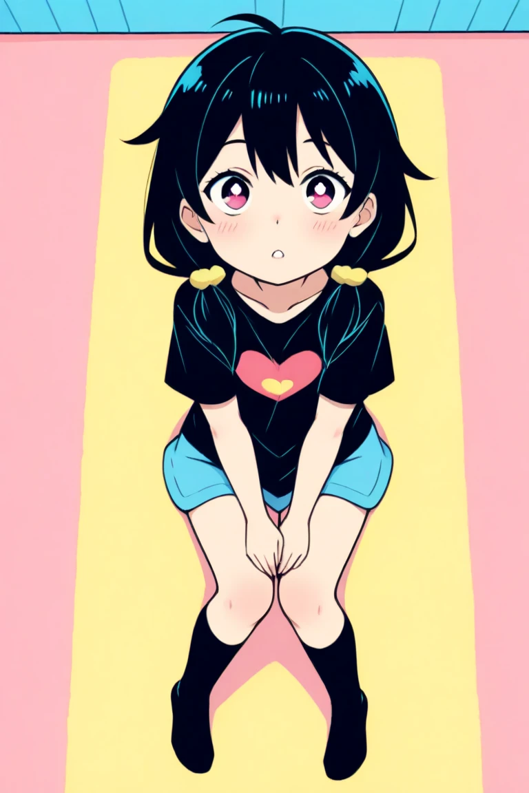 best quality, a girl, thinking, sitting, sitting on the floor, looking at viewer, short hair, black hair, pale skin, slim, t-shirt, beauty mark, white background, kawaii, anime, full body shot, from front, from below