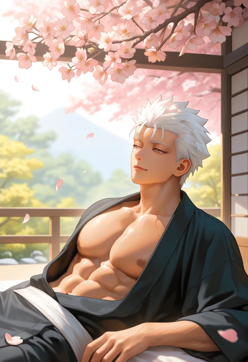 {{{{{16k, Camera angles close to his face with an authoritative expression and large pecs}}}}}, {{{{{His body and sexual appeal are at their peak and he exudes an extremely seductive aura. He kneels with his eyes up, drooling from the tip of his tongue and sticking out his tongue lovingly. man, solo, manhwa, Geum-hoo, violet eyes, long platinum hair, gat hat, (nude: 1.3), (transparent hanbok), big breasts, cleavage, thighs, coffee ass, (sakura: 1.3)