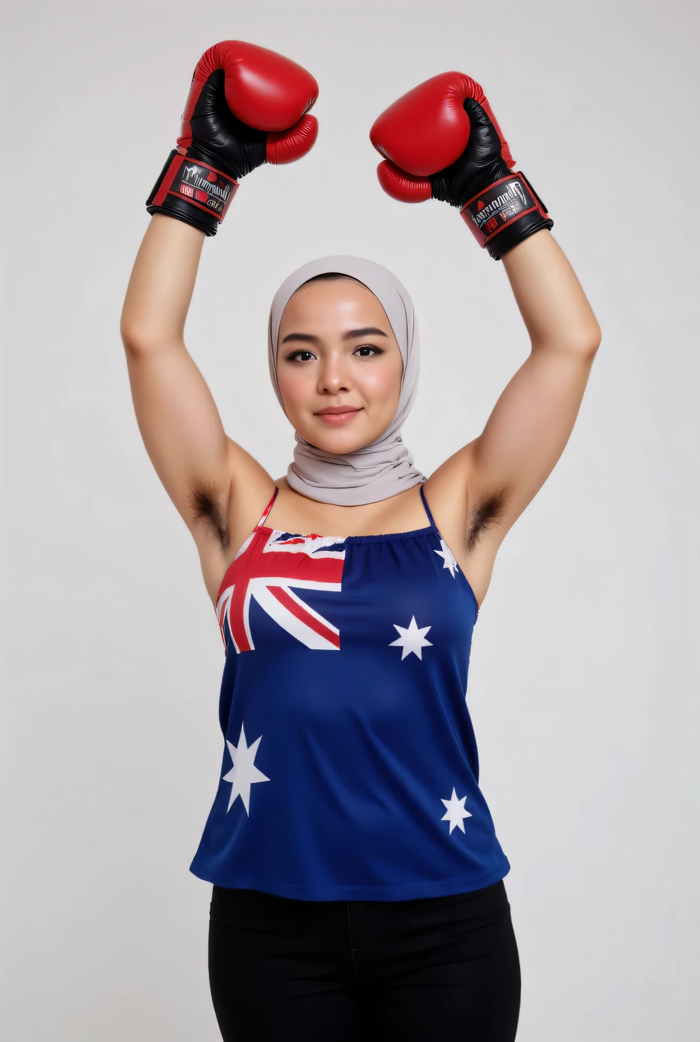 front view, Malaysian hijab-wearing mother. (Wearings Australia flag top strapless ). BOTH SIDES HANDS IN STRAIGHT UP LIFT WEARING BOXING GLOVE , hair Arm pit
