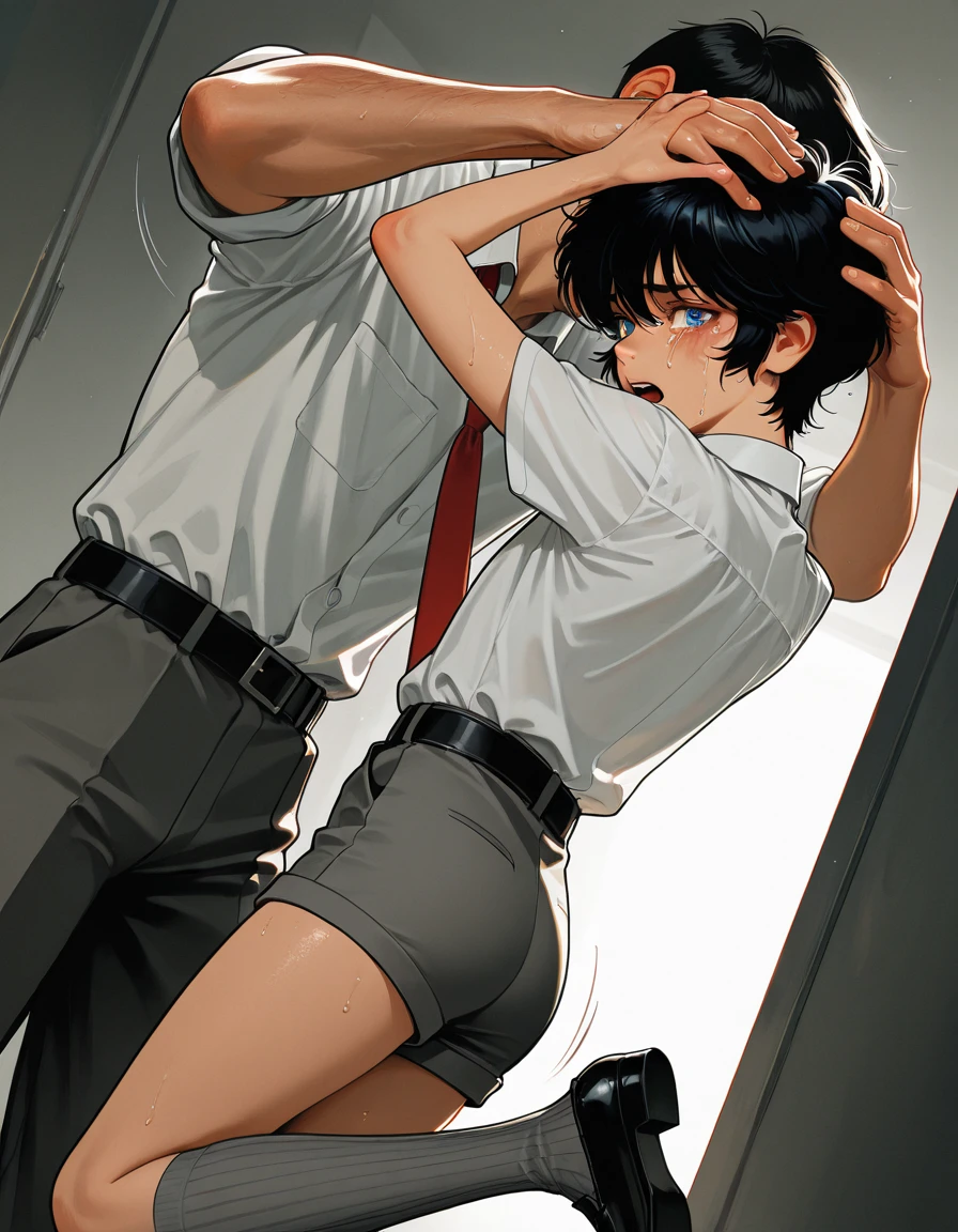 、(masterpiece、Highest quality)、Highest quality, Ultra-high resolution, (((masterpiece))), alone, Sweat、Big eyes,office、Tight white dress shirt、Tight black suit、Tight black pants、indoor、Composition from the front、(Cut the back hair short、short hair、blonde、woman)、Shortcuts、Embarrassed face、Cut your hair short、可愛いwomanの子、Big Breasts