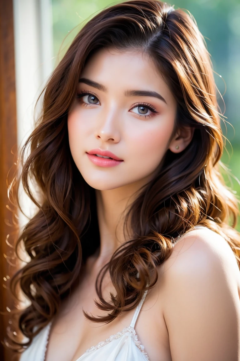 Extremely beautiful illustration of a stunning girl, 18 yo, very detailed and sharp facial features, very detailed and shinning natural hairs, very detailed and shinning glossy eyes, detailed full glossy lips, detailed white teeth, detailed sharpnose, perfect symmetrical face, very detailed and natural round medium breasts,, hint of a cute cleavage, very small frock with frills, off-shoulders, earrings and necklace, perfect midriff, cute and blushing, flowers, indoors, night time, perfect lighting, ray tracing, cinematic colour grading, very hyper realistic, seductive pose, flirty smile, vibrant and colourful