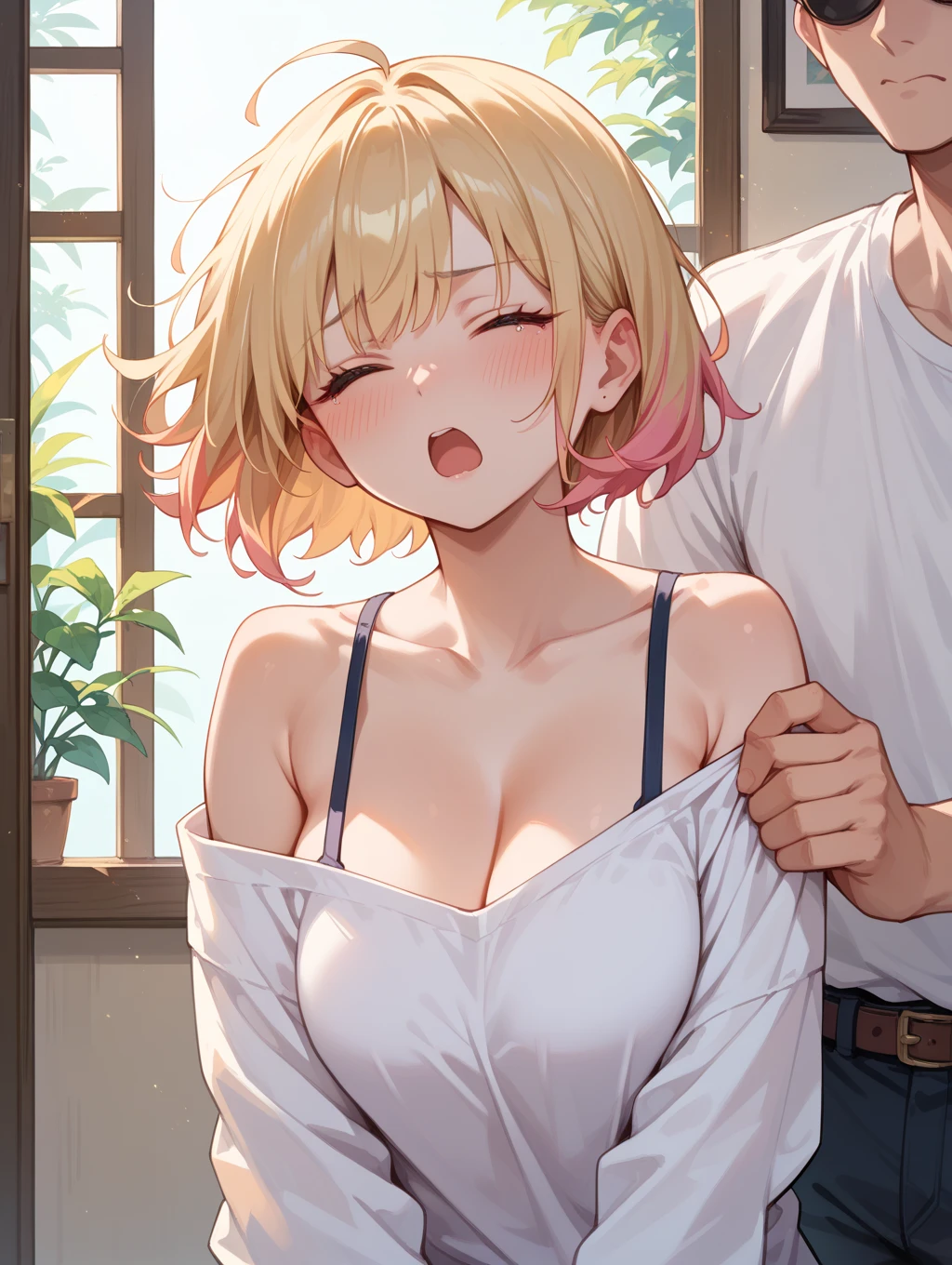 standing sex, , ((girl:white blouse、navy pleated mini skirt、beige cardigan、)), (((Tucked up skirt))、face turns red, (One Man Behind、standing sex), (((grab her breasts)))、(highest quality,High resolution, realistic, High resolution, 1girl nsfw) ,slender body,vaginal sex,missionary,orgasm face,Sweat,saliva,,big breasts,cum in pussy,(girl trembling with sexual climax)、Sweating、back bridge、(((pupil of the heart)))、open your big mouth、stick out tongue、(Ahegao)、nipples are being pulled、big breasts、luxury hotel、short hair、blonde ,high school girl