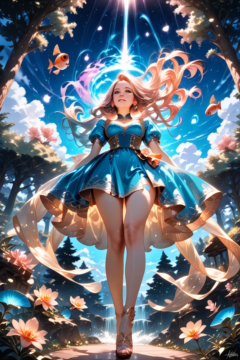 1girl, ((cinematic light)), colorful, hyper detail, dramatic light, intricate details, best quality, (extremely detailed CG unity 8k wallpaper, masterpiece, best quality, ultra-detailed, best shadow), (detailed background:1.4), (beautiful detailed face, beautiful detailed eyes), High contrast, (best illumination, an extremely delicate and beautiful),(girl:1.5), cowboy shot, masterpiece, (((best quality))) (((PERFECT QUALITY))), (((highly detail eyes))), (((highly detail))), (((((perfect eyes))))), (((((((beautiful eyes))))))), both eyes are the same, smooth, (((((perfect face))))), ((((extremely detailed 8K)))), high resolution, ultra quality, glare, Iridescent, Global illumination, real hair movement, realistic light, realistic shadow, perfect quality, detailed shadow and light, pixar, ((FANTASY)), ((MAGIC)), 3D, ((HIPER quality)), (((2K, 3K, 5K, 6K, 7K, 8K,))), ((detailed, good quality))
(((cute and delicate girl SITTING ON THE BRIDGE)))), ((light orange hair))), ((long hair)), ((kawaii)), ((((cute eyes)))) , ((kawaii eyes))
((((Princess)))), (((Princess crown))),
((((Long detailed glitter RAINBOW COLORFULL feather crystal princess dress)))), ((((((LONG BIG RAINBOW COLORFULL chic princess dress))))))
((shiny crystal shoes)), ((gold accessories, gold earrings, flower accessories, pearl accessories)),((happy expression)),
((SHINES, SPARKLES)), GOLD, ((sparkles)), ((shiny butterflies flying)), (feathers)
LAKE, BRIDGE, (((((CLOCK))))), MIRROR WATER, (((((FLOWERS IN THE LAKE))))), FOUNTAIN, (((LIGHTS SHINING IN THE LAKE))), BUSHES, NATURE
(((WOOD, BLUE CRYSTALS ON WOOD, PEARLS ON WOOD))), (((blue crystals))), ((((MAGIC LIBRARY)))), (((FOREST)))
(((((magical ancient place)))))