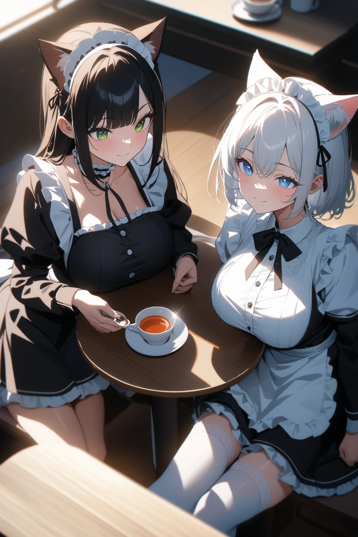 best quality, masterpiece, best shadow, shade, beautiful lighting, High Contrast, detailed background, (coffee shop), night, colored lights
AND <lora:Tougou_mimori-10:0.8>,Tougou_mimori, long hair, breasts, large breasts, bow ,light blue eyes,(black hair:1.2),school uniform,ribbon, very happy,Sitting, coffee
AND yorha no. 2 type b, white hair, puffy sleeves, short hair, mole under mouth, long sleeves, juliet sleeves, cleavage cutout, black hairband, parted lips, black thighhighs, black gloves, cleavage, turtleneck, bangs, feather trim, feather-trimmed sleeves, blue eyes, black skirtSitting, coffee <lora:2b_V1:0.7> , very happy