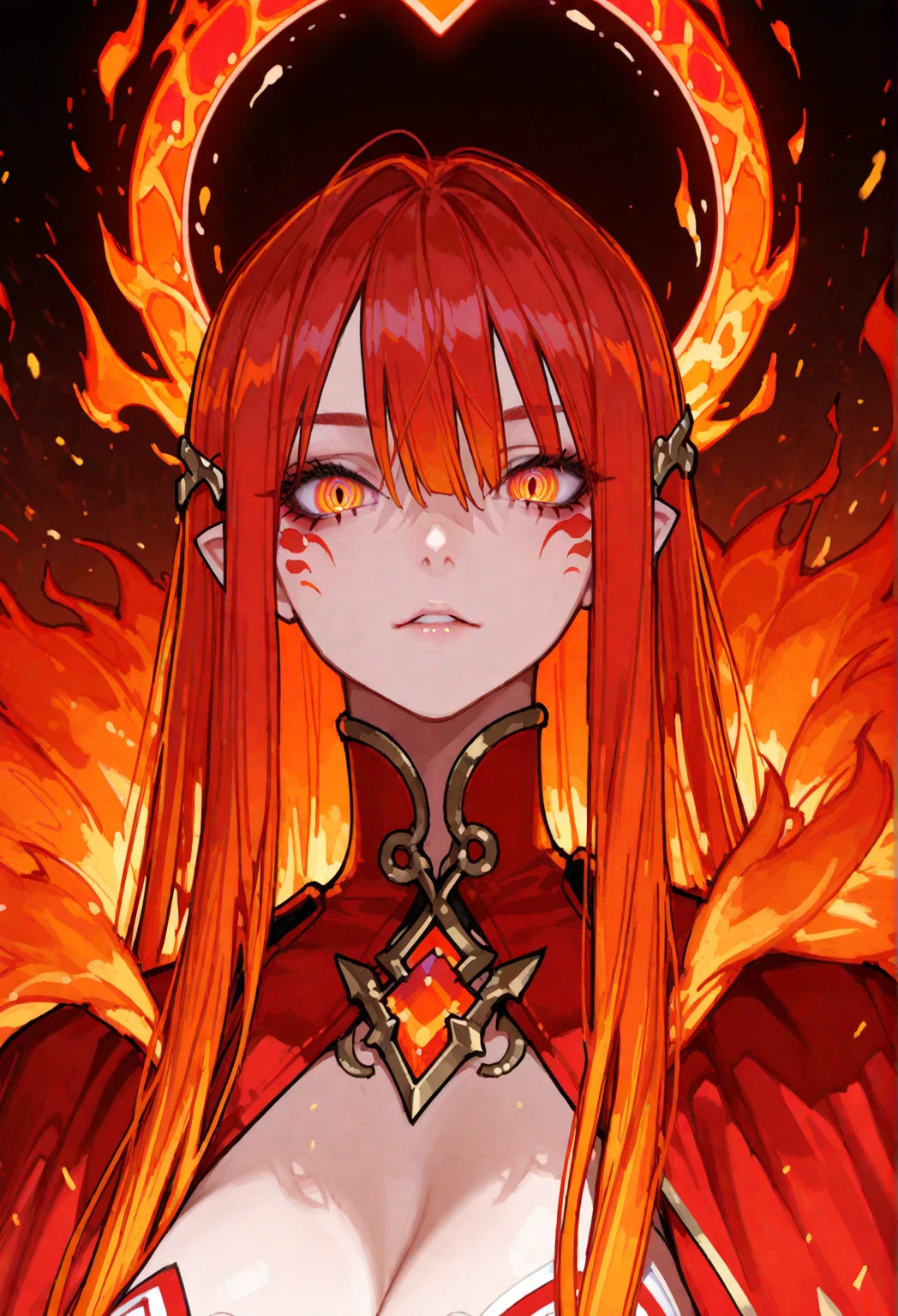 vampire phoenix queen lady standing with detailed calm face beautiful figure, background phoenix bird , flame all around no blur clear vision