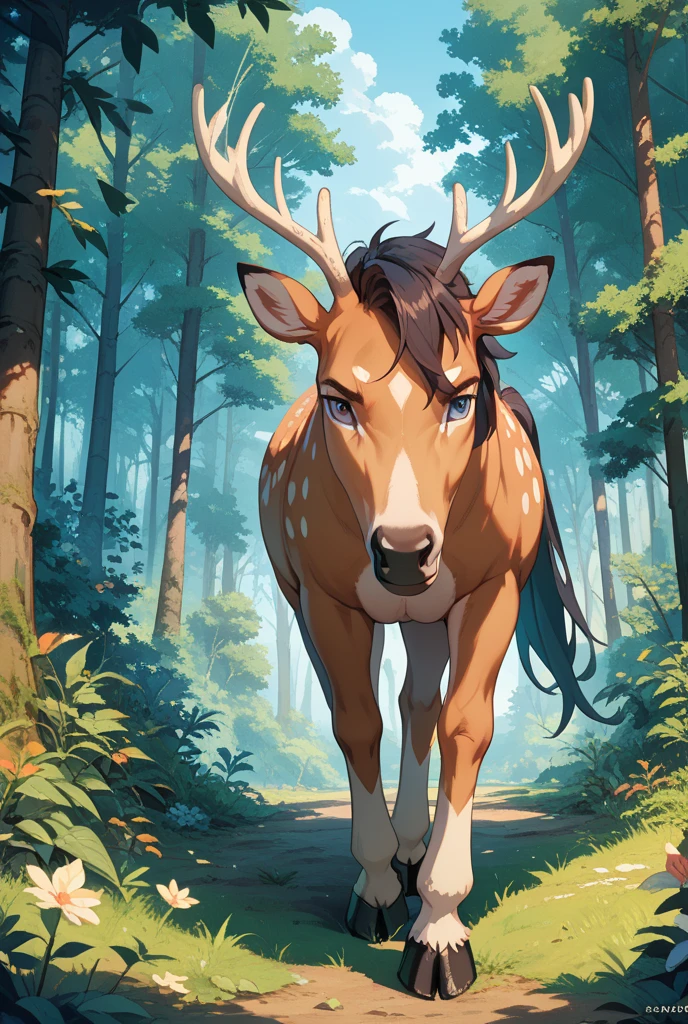 Masterpiece, vibrant colors, soft lighting, graceful posture, tranquil atmosphere, deer, green eyes, complementary colors, big angler, 4K