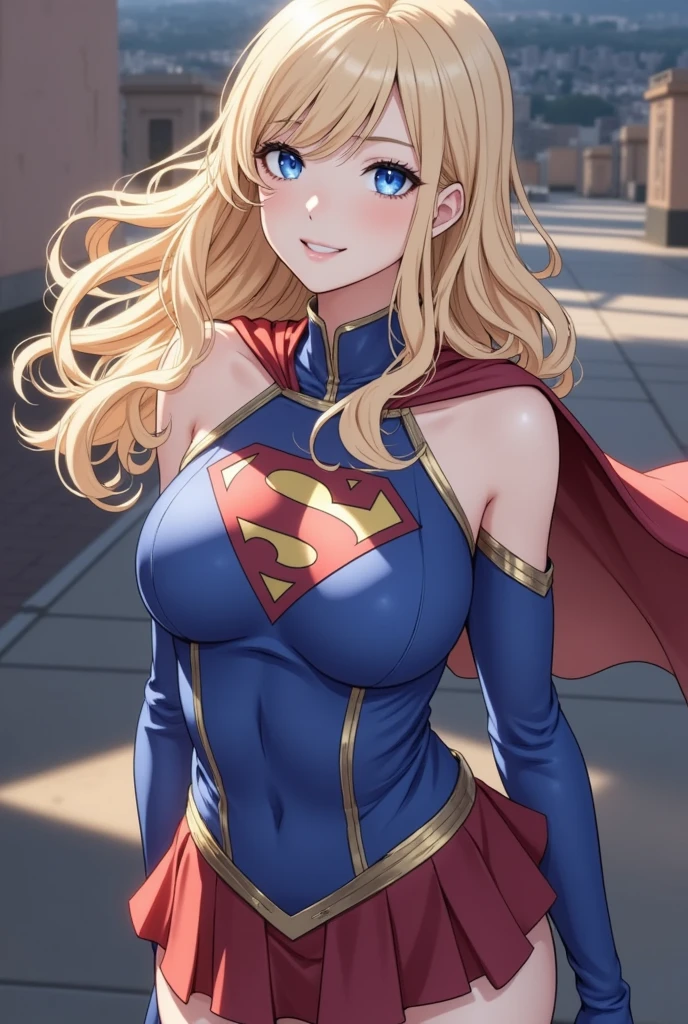 (Best quality,4K,8K,A high resolution,tmasterpiece:1.2),ultra - detailed,(actual,realistically,realistically:1.37), 超k hd人脸, half length,1 girl,(perfect body figure,Thin and tall),独奏,The stands up,(allure:1),sky sky,Focus on the face,pretty face,Detailed delicate young face,Supergirl,(super girl suit:1.5),jumpsuit,(,,:1.3),short skirt, Long blonde hair,
realistically的风格,Vivid pictures,tmasterpiece,(Best quality:1.2),hyper-detailing,realistically,k hd,high high quality,电影灯光,ray traycing,超A high resolution,超k hd,(realistically:1.5),Complicated details,Detailed texture,high high quality阴影, Supergirl摆姿势拍照, tightsuit, Thin waist and thick hips, perfect body figure, , Crazy expansion, Larger than shoulder blade, 骨盆Larger than shoulder blade, Hourglass figure, Fitness model, Ruddy cheeks, A smile