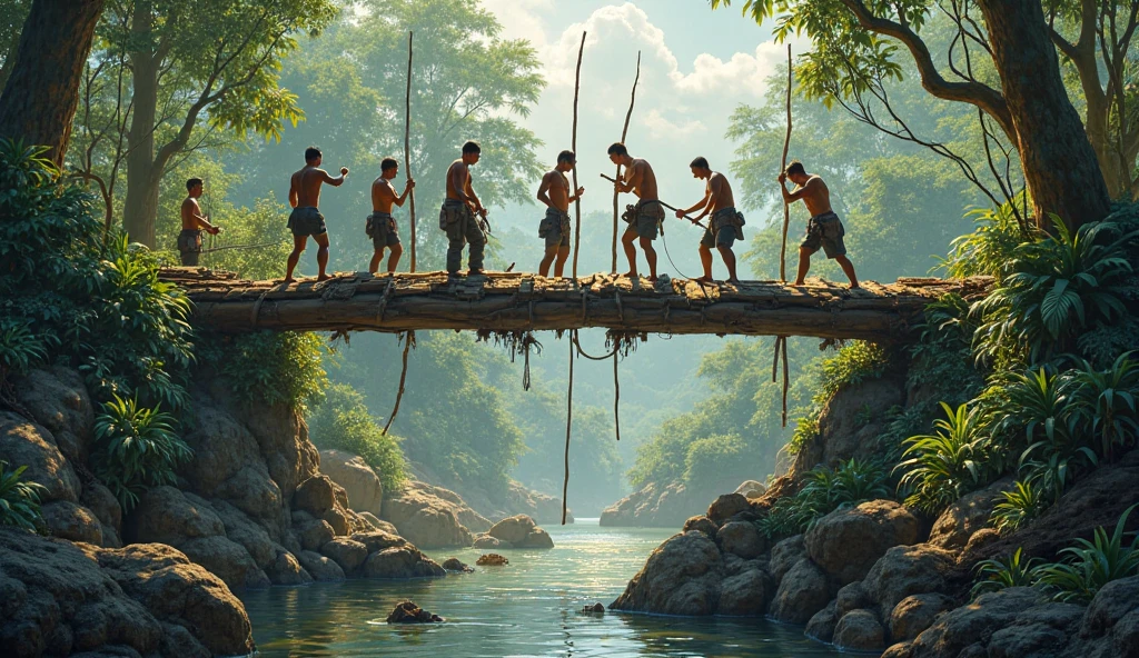 in 1800´s a group of young laitno men builidng A BRIDGE OVER A RIVER IN THE MIDDLE OF THE JUNGLE, lots of workers, sexy gaze, perfect anatomy, shelves with all kind of tools, skinny detailed muscles, muscled legs, handsome, gorgeous, man adventurer, latino, caravaggio, john william waterhouse, By Caravaggio