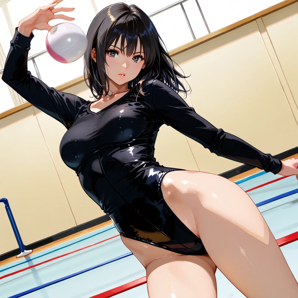 New Gymnastics leotard Beautiful breasts Black Hair beautiful girl Serious expression