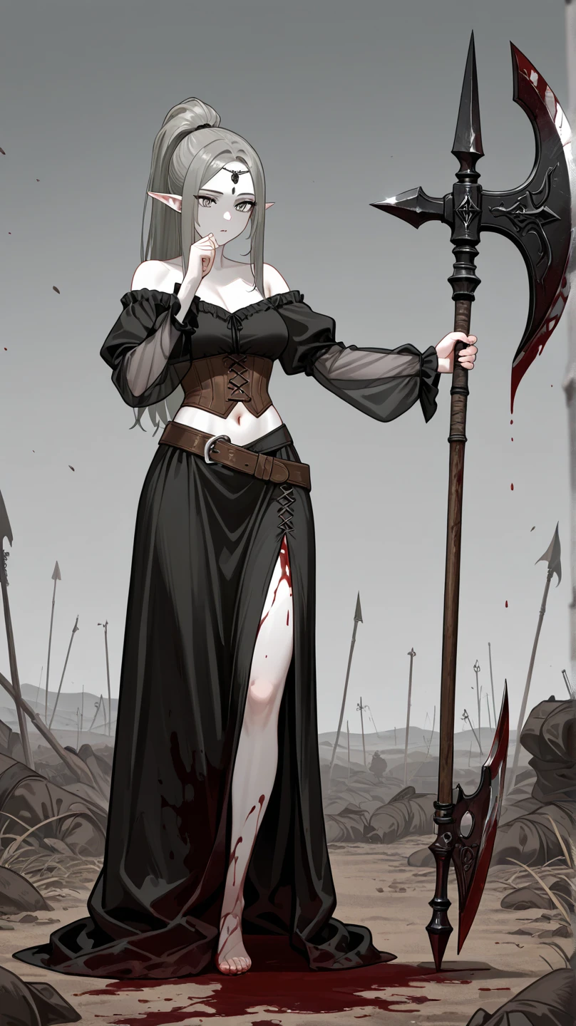 Anime style, full body shot. An elf woman, she has long white hair and red eyes that she is bleeding from, she is missing half of her right face cheek showing her teeth, she has many fresh wounds on her body, she wears ripped open chinese long black dress, she has shackles around her wrists with chains dangling out of the shackles. She looks deranged and pained. 
She looks kinda like zombie.
She is standing in a cave.