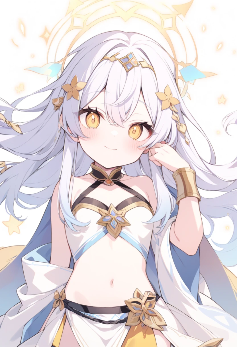(MASTERPIECE), (Best Quality), (Ultra Detail), Official Art, One Girl, Loli with Gold Hair, Petite Girl, Loli, Gold Right Eye, Blue Left Eye, White and Gold See-Through Dress, Sleeveless, Off Shoulder, Small, Very Small Breasts, Small, Cleavage, Thigh Focus, Navel Out, Bare Skin in the Lower Half of the Chest, Card Illustration, Saint, Temple