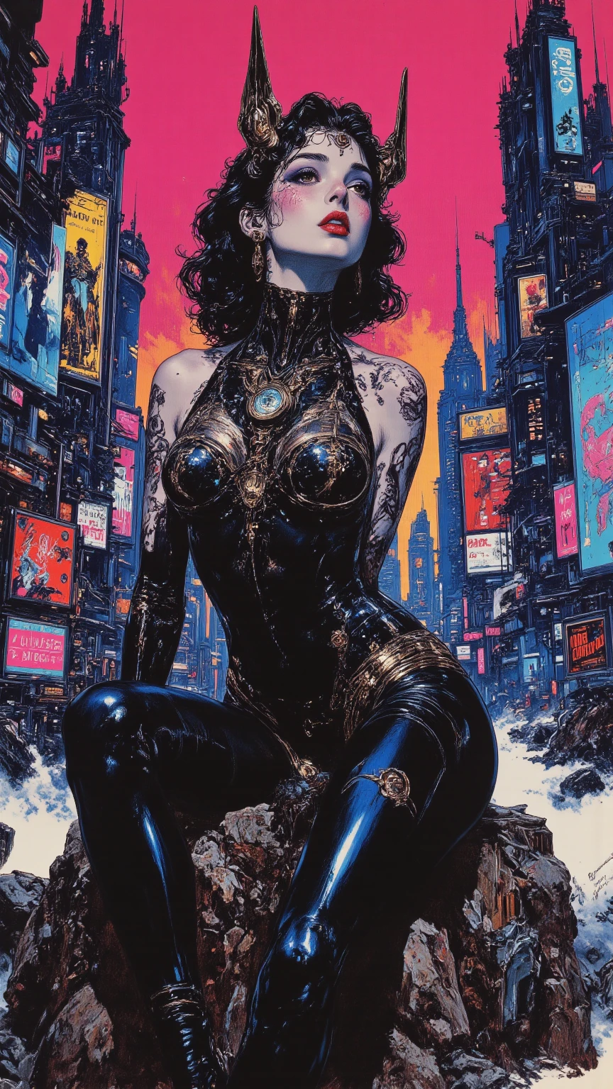 black background, (masterpiece, best_quality, ultra-detailed, immaculate:1.3), epic, illustration, welcoming, 1girl, druid, silver hair, Mermaid Braid,french braids, at a empty, modern farm, at brutalist Mos Eisley space port, bombshell hair, slate gray hair with blue-grey highlights, Box Braids,bombshell curly hair, handstand <lora:EnvyMetalMix01-Prime:1>