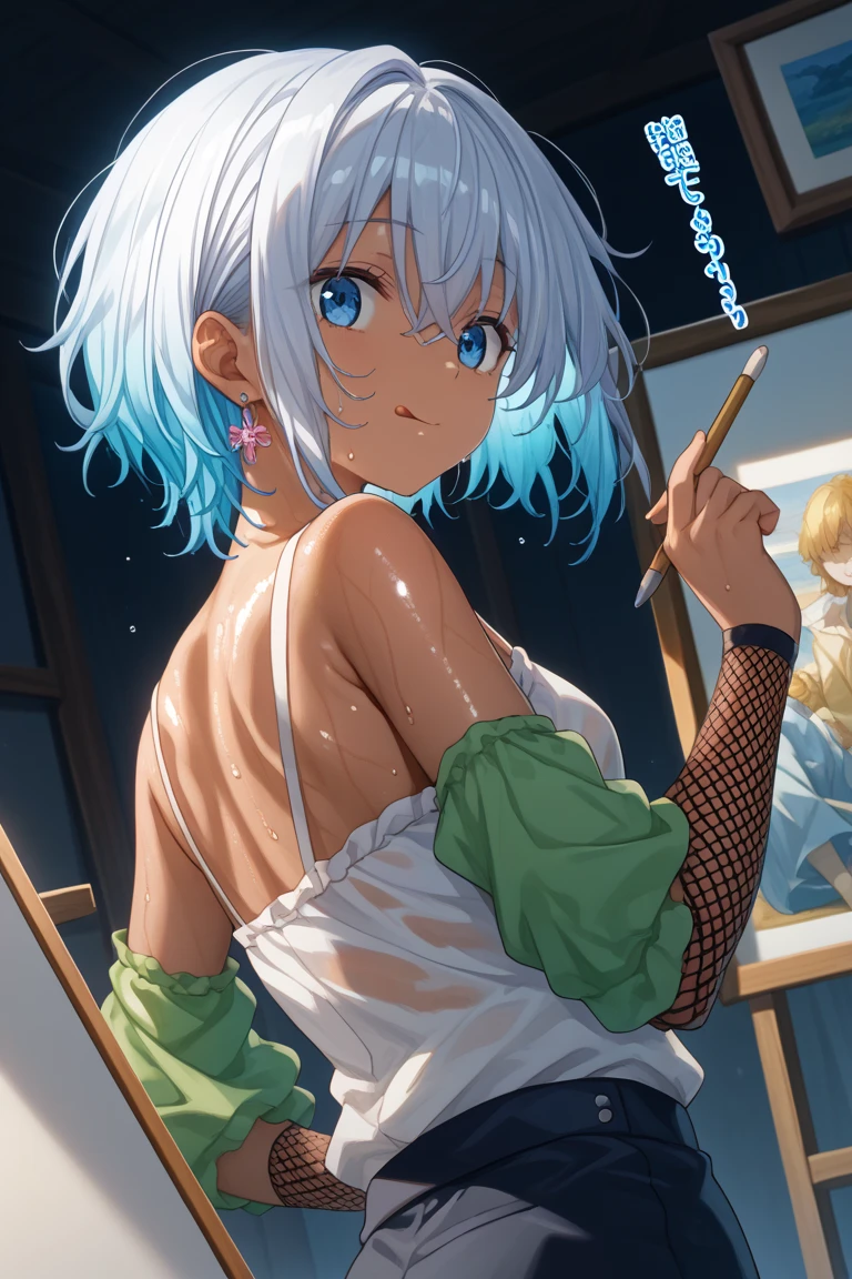 hiten kei style, claude monet style, oil painting, ((topless)), nsfw, masterpiece, 1 girl, erect nipples, intricately detailed, navel, bare shoulders, dirty gray hair, necklace, extremely detailed, bare breasts, puffy nipples, blue eyes, bare stomach, medium breasts, bracelets, teen, soft eyes, armpit, sweaty, happy, half open eyes, 1 ear visible, side bangs, sleepy eyes, large nipples, lifeless eyes, sitting, full body, denim pants, bench, studio, window, blinds, huge nipples, long nipples, slim waist, saggy breasts, mole under the eye, short hair, hoop earrings, body paint, paint canvas, pixie cut hair, wet, wet body