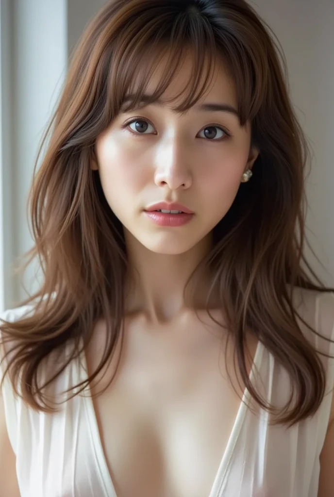 Cinematic colors, Skinny Japanese woman, 30 years old, Cute face, Detailed face, Fine grain, (Highest quality, Super detailed), Feminine lighting, Messy Hair, Wearing lingerie, Delicate features, Dreamy atmosphere