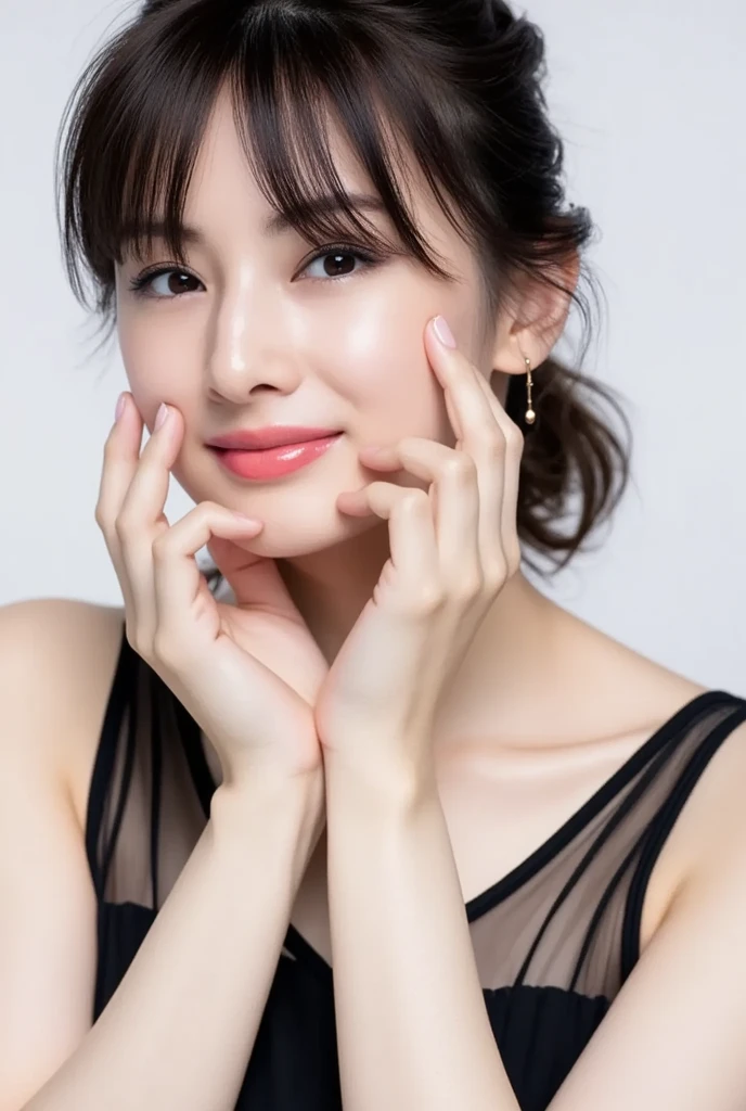 masutepiece, Best Quality, Photorealsitic, finely detail, hight resolution, 8K Wallpapers, Perfect dynamic composition, Beautiful detailed eyes, Medium Hair, large full breasts, Random and sexy poses, holding a serum bottle and showing infront of the camera, Bring your chest together、(Very Small Size Mock Neck Crop Tank Top White Knitwear)、(Breast bulge 1.2)、A smile、open open mouth、Resort scenery、23years old、(Drooping eyes 1.4)、Adult beauty、japanese, holding a small bottel serum with a smile