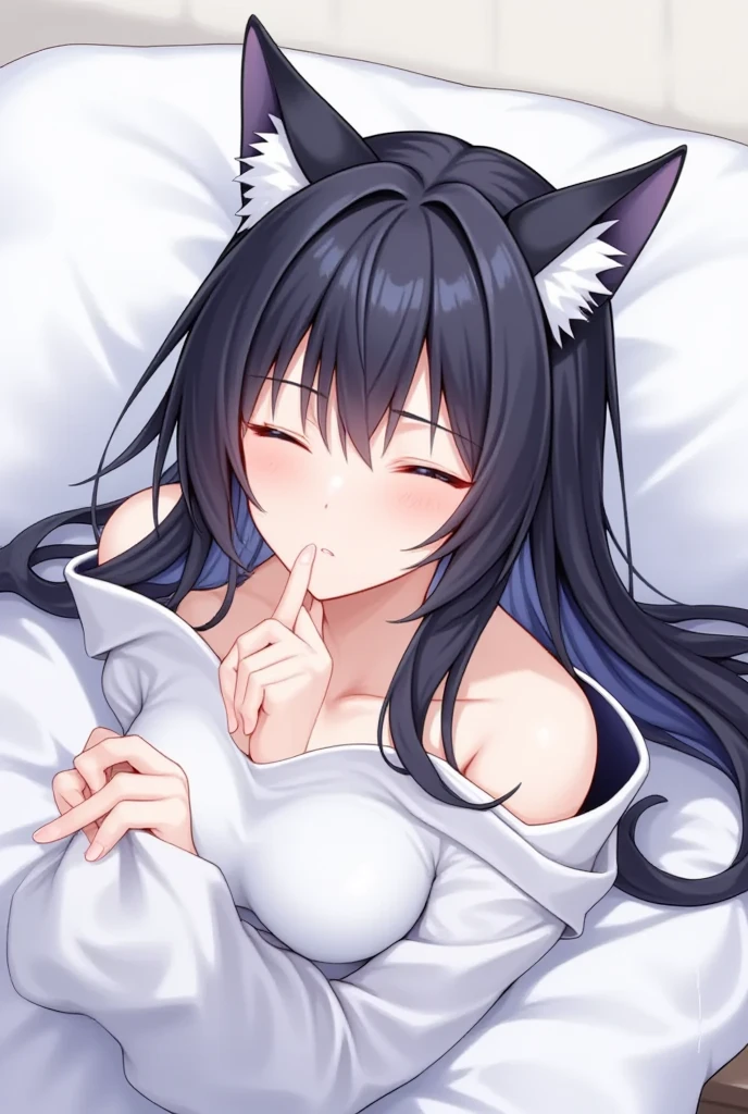 score_9,score_8_up,score_7_up, (a young nerdy Anthro furry wolf woman, wolf snout, white furry body, white fur, detailed fur, tall, long black messy hair, hair covering breasts, black hair, hair in a pony tail, white wolf tail, blue eyes, naked, lying on her back, on a bed, from above, portrait, ahegao, :O, eyes half closed, hair covering one eye