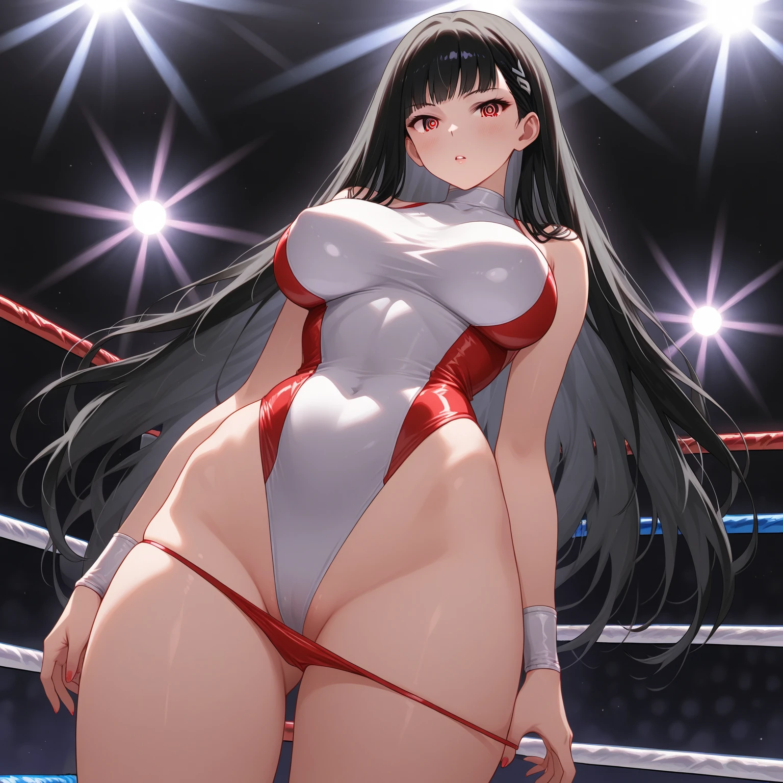 top-quality、extremely delicate and beautiful、Soio、Soio、Idol、 girl、japanes、Lori、Chiquita、A dark-haired、((White and red leotard))、、Stand in the ring of professional wrestling、knee high socks