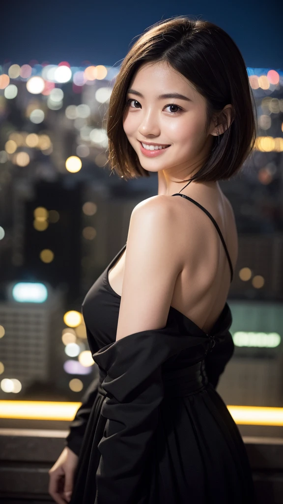 (8k, RAW photo, highest quality, masterpiece: 1.2), super detailed, super resolution, (genuine, genuine photos: 1.37), portrait, High-definition RAW color photo, professional photos, very detailed and beautiful, very detailed, 8k wallpaper, amazing details, huge file size, official art, very detailed CG Unity 8k wallpaper, very detailed beautiful girls, very detailed facesDresses with very fine eyes, very fine skin, very fine fingers, very small nose, very knowledgeable mouth, very beautiful face and eyes, (short hair), whole body, micro skirt: 1.1, black dress, huge breasts, gorgeous young japanese women, beautiful , beautiful young ,  friendly and seductive smile, , attractive neck, A little cute smile, beautiful and smiling,  hot with the shining sun, super detailed顔, fine eyes, double eyelid, blurred background, city, night, outside, street,
