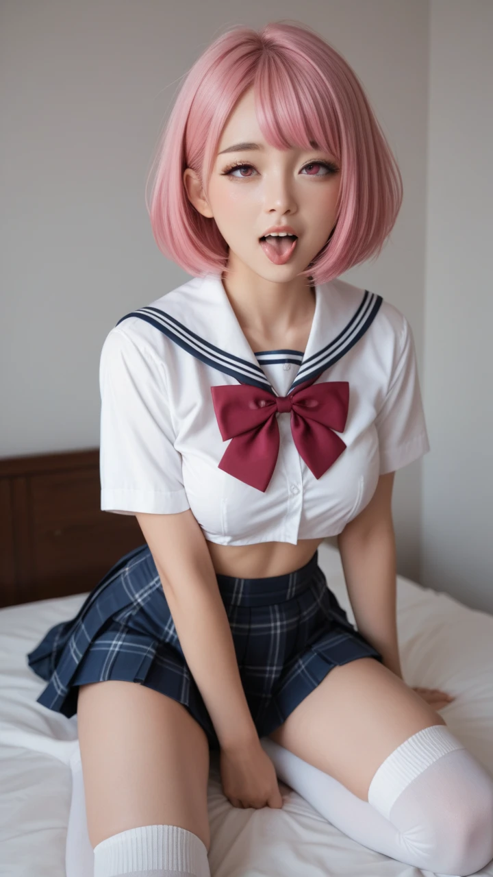 ,((a sailor suit)),((Short sleeve uniform white shirt)),(red necktie),(Blue Mini Pleated Skirt),(((skirt lift by yourself))),(lifted by self),(Showing panties),panties on,panties focus,((Sit up,spread legswide)), sockes, (Black knee socks),(Loafer shoes), 、cleavage of the breast、(8K, top-quality, ​masterpiece:1.2), (realisitic, Photorealsitic:1.37), ultra-detailliert, 1 girl in, Whole body esbifa layer、cute little、独奏、Beautiful detailed night sky、(A smile:1.15)、(Mouth closed)、tiny chest、Eyes in Beautiful Details、（short-hair：1.2）、Floating Hair NovaFrogStyle、masuter piece、Pink Shortcut Bob、Realistic rabbit ears、Pink realistic rabbit ears、Realistic ears of rabbits sticking out of the head、Pink hair、Beautiful girl in her 20s、Bewitching atmosphere、Beautiful shaped hands、K-POP、Pink rabbit ears、1 girl in、独奏、​masterpiece、top-quality、realisitic、Hyper-detailing、(Glossy skin:1.4)、absurderes、short pink hair、Slender beauties、动态照明、hight resolution、foco nítido、depth of fields、(thick thight:1.0)、A slender :1.2，((Short-cut bob hair))、((k pop:1.3))，Highly detailed facial and skin texture、((魅惑的))，Anatomically correct number of fingers，Correct anatomy