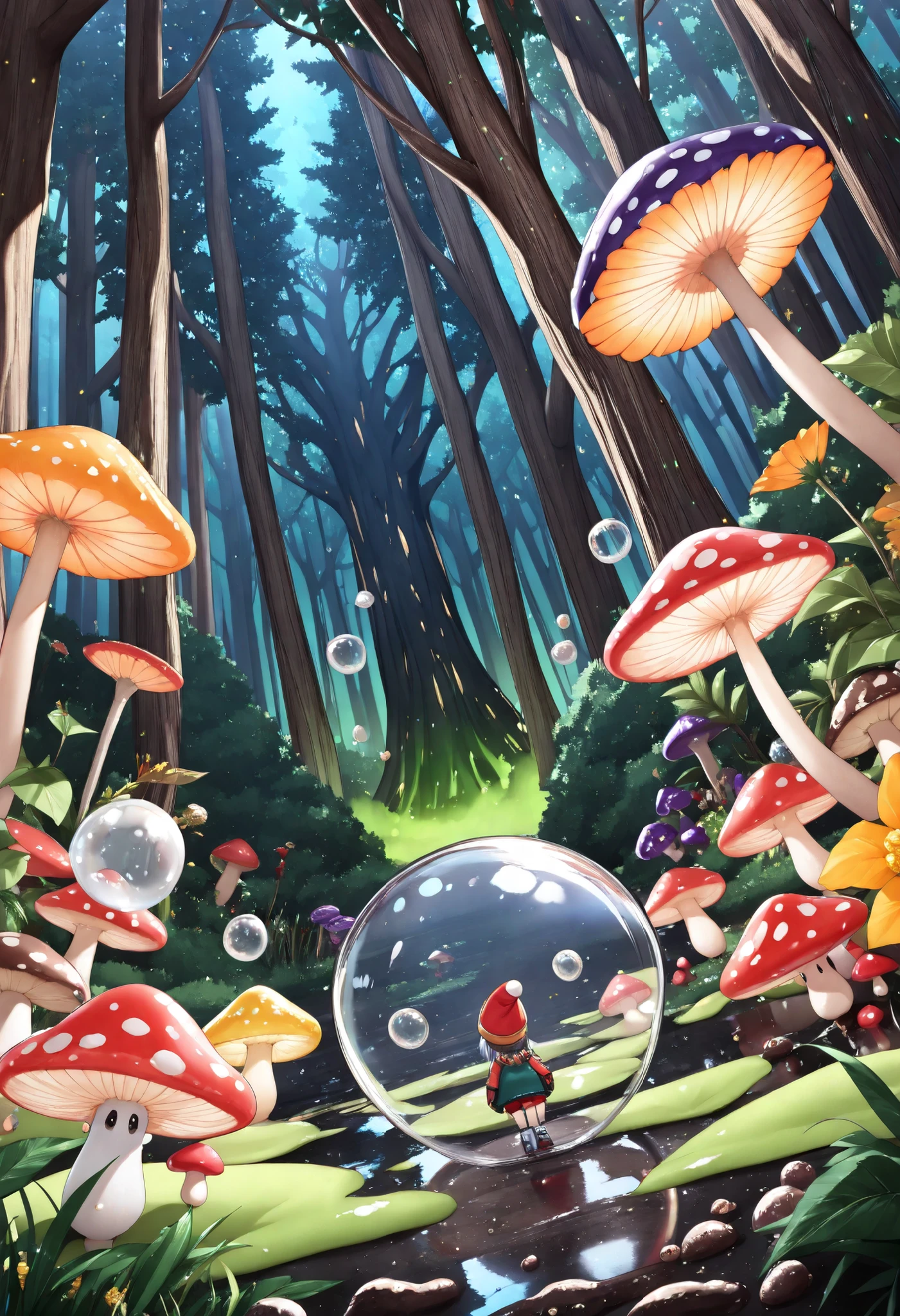 masterpiece, best quality, ultra-detailed, very aesthetic, absurdres, miniboys, red hats, (purple small mushrooms:0.9), yellow large spores, dark forest, trees, green colored fog, (multiple white bubbles:1.3), green gradient background, darkness, dutch angle, night,