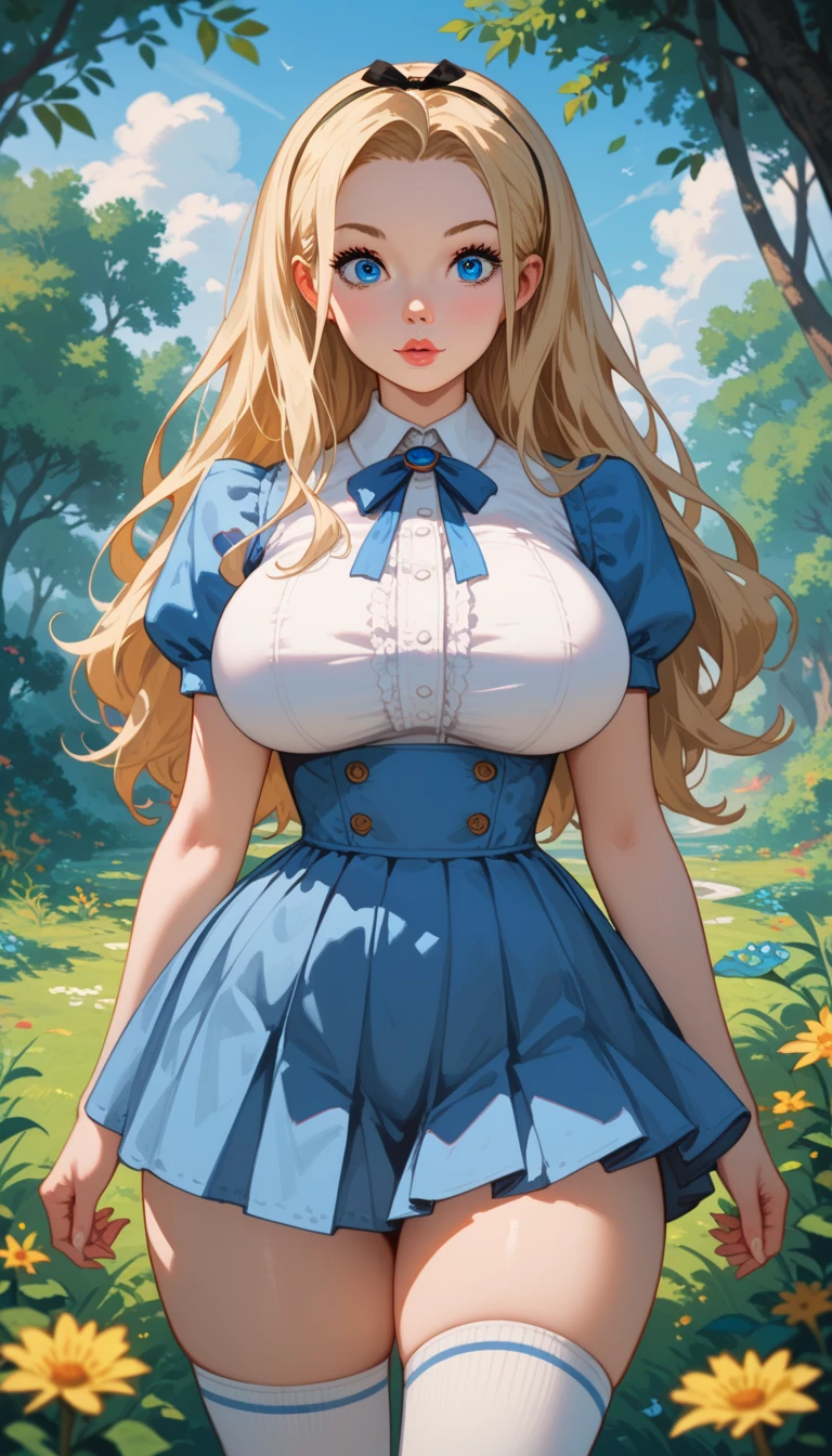 1girl, masterpiece, best_quality:0.5, highres, 4K image, (incredible_details:0.7), absurdes, sharpen image, perfect focus on character, depth of field:1.0, ((fullbody_angle_shot:0.6)), precious 20 years-old girl, AliceWaifu, large blue eyes, ((surprised expression face)), thick lips, blonde, black hairband, blue dress, tight minidress, ((unbutton)), (white pantyhose crotch), perfect body, ((colossal cleavage)), busty, perfect legs, thick thighs, high heels, enchanted forest scenery, flowers, butterflies, sunrays in scene, ((blur background:1.4)), open legs