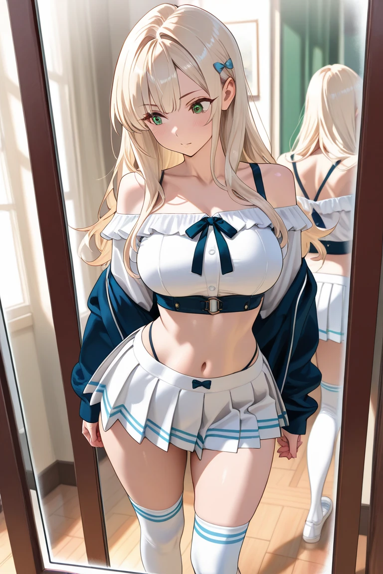 masterpiece, best quality, Itsumi Erika, 1girl, ashen blonde hair, blue eyes, solo, medium breasts, naked body, black skirt, sexy black underwear, black bra, standing frontally, pov, looking at viewer, whole body can be seen, expressionless, indoors, locker room, detailed hands, five fingers