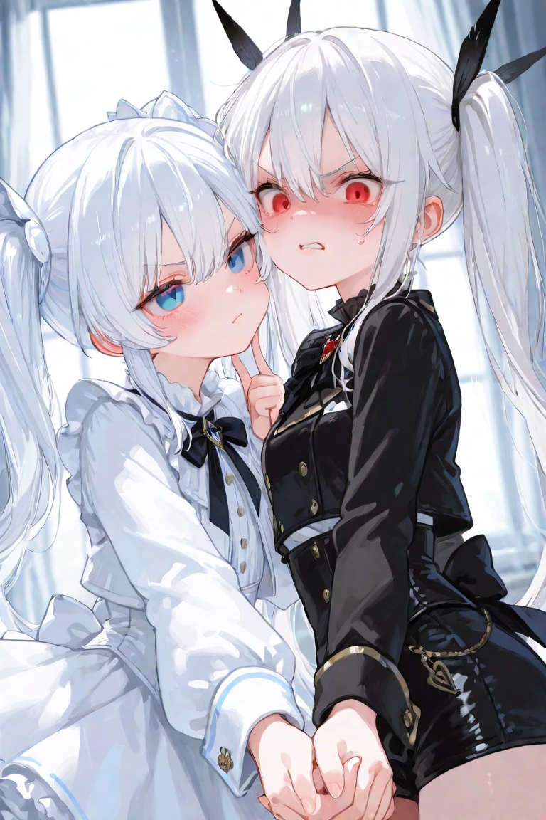 A 18-year-old boy, white and tender skin, cute, wearing white long-sleeved shirt, black jacket and black work tie, black trousers, black booties, white gloves, collar, white hair,wear cat ears, black eyes, thin waist, thin legs, handsome, disdainful and indifferent expression, shy, blush a lot, afraid, sweating, tired, pornography, Pornographic action,Being sexually assaulted,nsfw