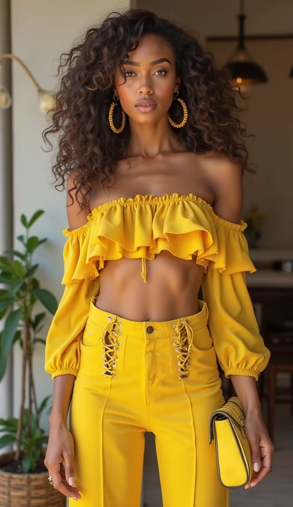 Realistic photo, hot woman, black skin, long black curly hair, green eyes, full lips, big silicone breasts, slim waist, thick thighs, red nails, red lipstick, gold hoop earrings, gold necklace, gold bracelet, gold ring, tattoo on arm, tattoo on back, short orange blouse, short white shorts, on balcony, standing up