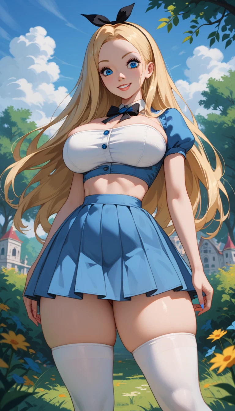 best quality, ultra-detailed, photorealistic: 1.39), bright and vibrant colors, studio lighting, romantic expression, seductive, Alice is a beautiful girl with medium round breasts, Alice is cute with wavy blonde hair, sparkle in her eyes, Alice is very charming with a mischievous blue look and shy smile, but for suffering a lot of judgment and bullying from other girls and many people. She is sometimes charming. Alice is 27 years old and has the face of an adult woman in love. Alice has beautiful romantic lips, Alice is secretly in love with you but is afraid to approach and talk to you. Alice: *I wonder if he will judge me*. I'll talk to him? Beautiful woman, sensual blouse, beautiful and shiny puff sleeve blouse, cute details in the hair, and stylish skirt, trees in the distance, beautiful and sensual pose, Alice is near the store, standing leaning pose, cute pose and delicate cherry petals
