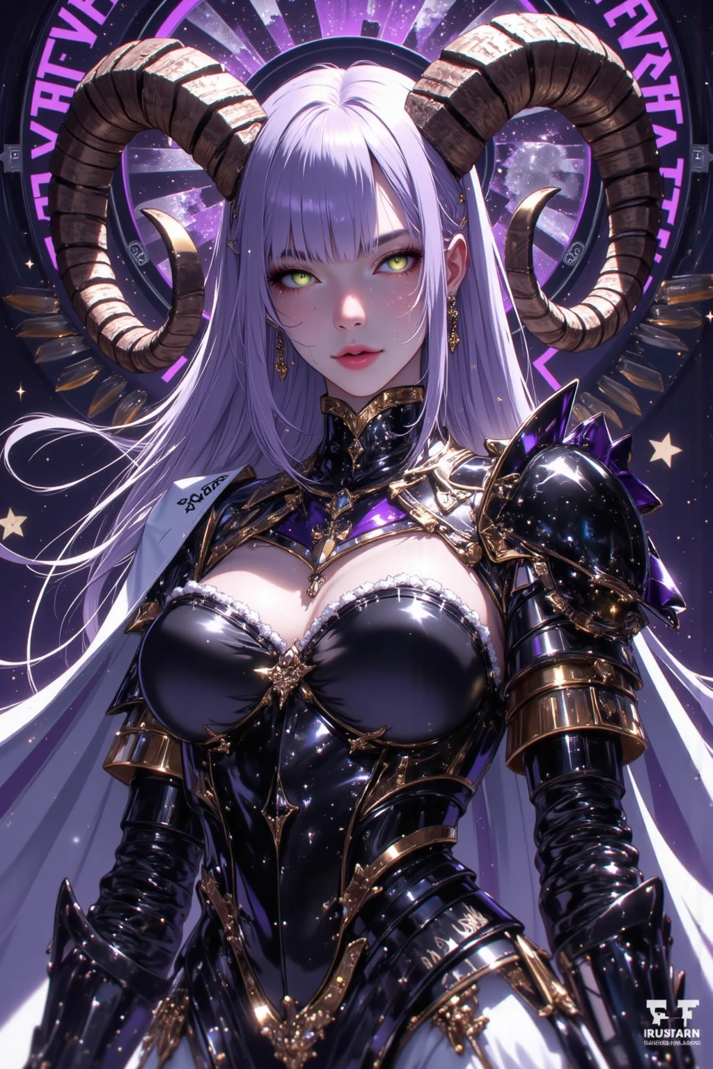 score_9, score_8_up, score_7_up, rating_explicit, masterpiece, best quality, absurdres, hyperdetailed, raw photo, best quality, high quality, vivid colors, 8K, best quality, ultra detailed. ((Hermaphrodite)), ((Baphomet)), Kama (fate), beautiful, young, long white hair, glowing eyes, goat ears, demon horns. Purple skin. Deity, ((Demon Goddess)), giant halo very detailed, halo framing body, inverted pentagram above head. Beautiful face, enigmatic smile. ((Futanari)), viril, grotesque penis, hard penis, large labia, large vagina, large vulva, huge clitoris, stretched vagina, black precum. Muscular body, abs, six arms, extra arms connected to shoulders, very thin waist, exposed breasts, exposed genitalia, grotesque nipples,black nipples,lactating black liquid,blackened limbs,blood red extremities. Bodysuit armor, gold and gems jewelry, shoulderpads, metal thong, thighlets, armlets, choker, big necklace, metal collar, cock rings, pubic tattoo, pierced nipples, nipple rings, nipple jewels, chain belt, metal girdle, metal garter belt, see-through silk cloak. Dynamic poses, modeling, dancing, posing for an audience. Satanic temple background, candles, skulls, skeletons, pentagrams, dagger, bell, chalice, satanic iconography, worshipers. Divine, godrays, ethereal, divine light.