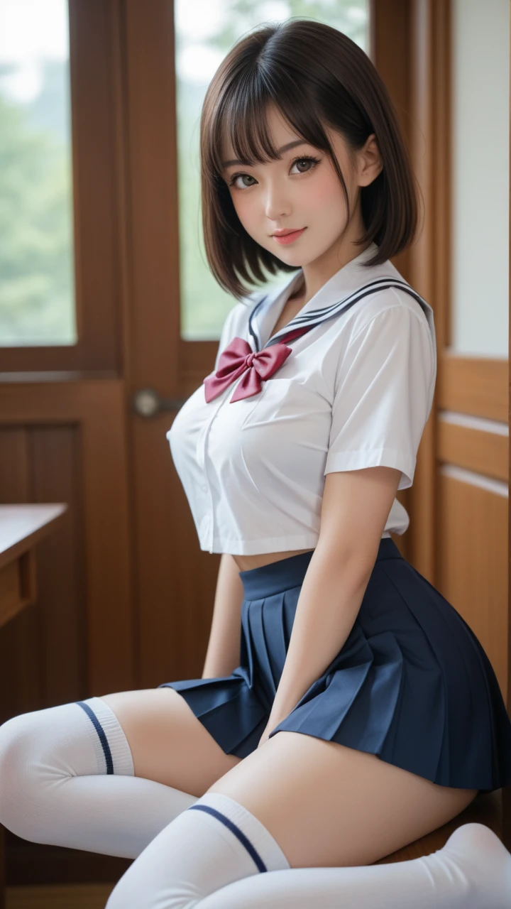 8K, of the highest quality, Real Image, Ultra Detail, Ultra high definition, Depth Field, (Photoreal, Real: 1.2), masutepiece, 0.25 :: , Japanese_girl, AI_chan, an extremely beautiful 17-year-old girl, Innocent big eyes_Short_hair), (Deep_Green_Eyes:1.0), (Bangs), Wavy Hair, Shaggy hair, (hair clips), perfect glossy skin, Perfect Skin, Fair skin, (Huge breasts: 1.7), Narrow waist, Light blush, Solo, lightsmile,
chubby under the clothes, thighs are a little thicker,
Wear ((Transparent and transparent:0.9) School_uniform), (Blue_long_tie), (Blue_pleats_Skirt), (White knee-high socks): 1.2), (black lace Bras: 0.9),
(sculptures: 1.1),Exposed nipples High School in Japan, Full body, (Wet: 0.9)