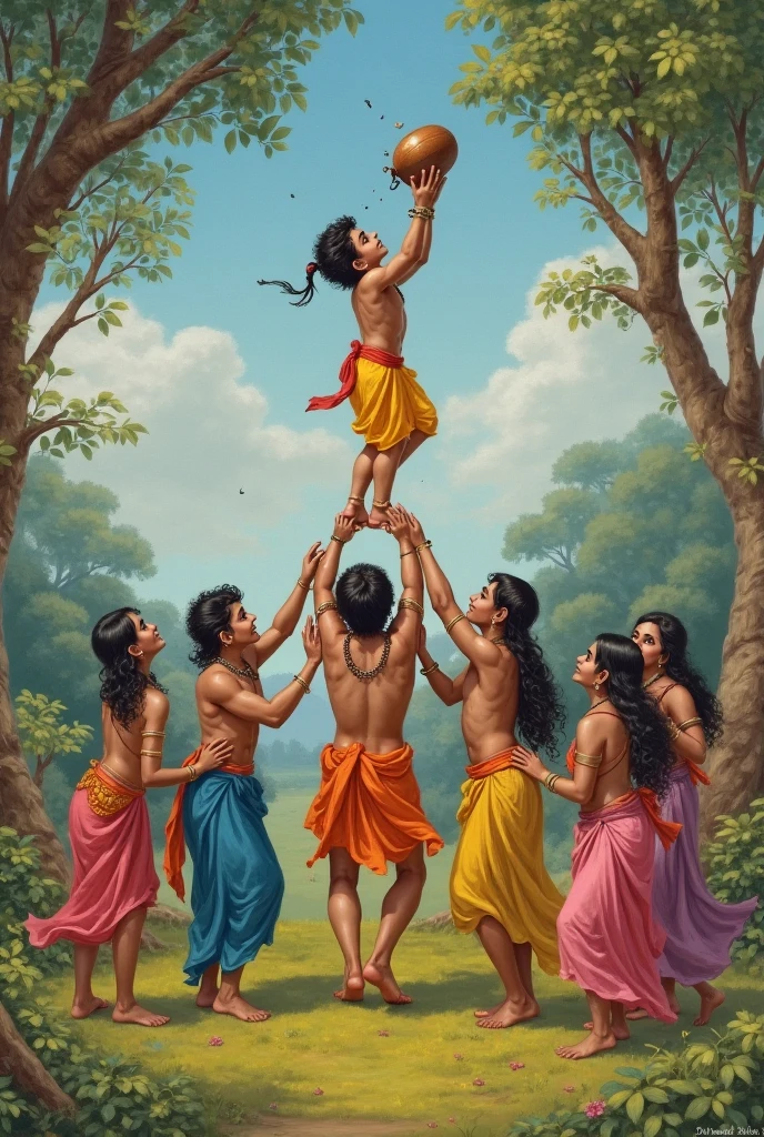 God murugan playing in ground under tree with God hanuman and God aiyappan