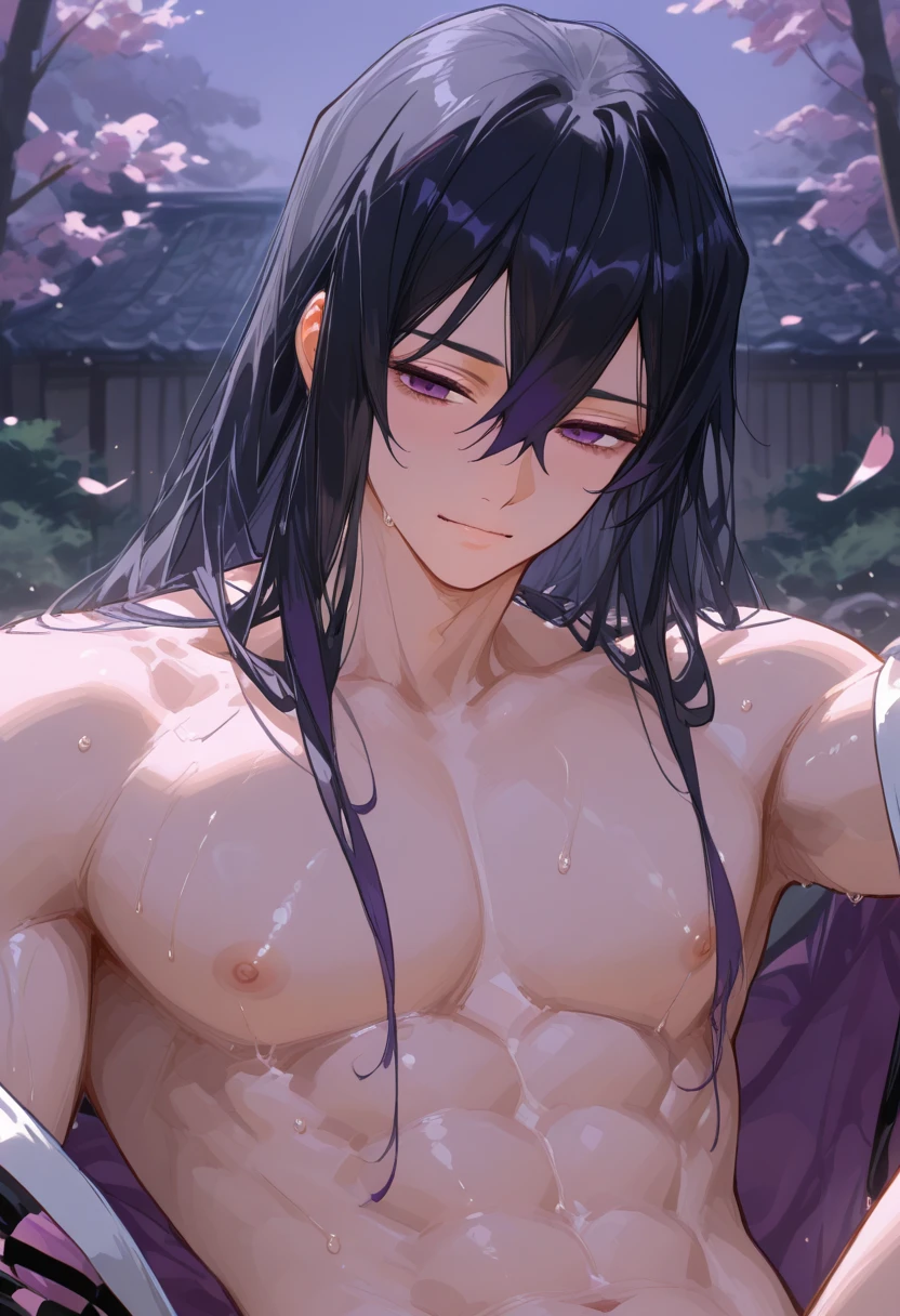 jinshi, long hair, purple hair, purple eyes, parted bangs, looking at viewer, low ponytail, solo, sweat, blurry background, topless male, 1boy, (abs:0.8), BREAK
<lora:maomao_and_jinshi_ponyxl_v4:1>, score_9, score_8_up, score_7_up, score_6_up, anime