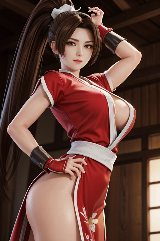 (exquisitely detailed CG unity 8k wallpaper, masterpiece-quality with stunning realism), (best illumination, best shadow), (best quality), (elegant style:1.2), Arti modern anime. angled view, heroic pose, midshot, (cel-shading style:1.3), centered image, ultra detailed closeup portrait of (Mai Shiranui:1) from (King of Fighters), best quality, expressive eyes, perfect face, highres, (ultra details), 1 girl, solo, brown hair, hair ornament, eyeshadow, gold, white and red qipao, highly ornamented, in the city of Japan, portrait, looking at the viewer, piercing eyes, full body, leaning forward, ready to fight, fighting pose, action fight scene, strike, staring, (light from the angle:1) (smoke and dust:1.2) (wind blowing:1.2).(depth of field effects:1.3) (motion action:1.2) (closeup:1.2) (two legs:1) (two arms:1) (one head:1) (attacking pose:1.2) (angled closeup photography:1) (turning action pose:1), (dress on fire:1), (motion blur effects:1), (holding a oriental fan:1), (attacking:1), wide angles